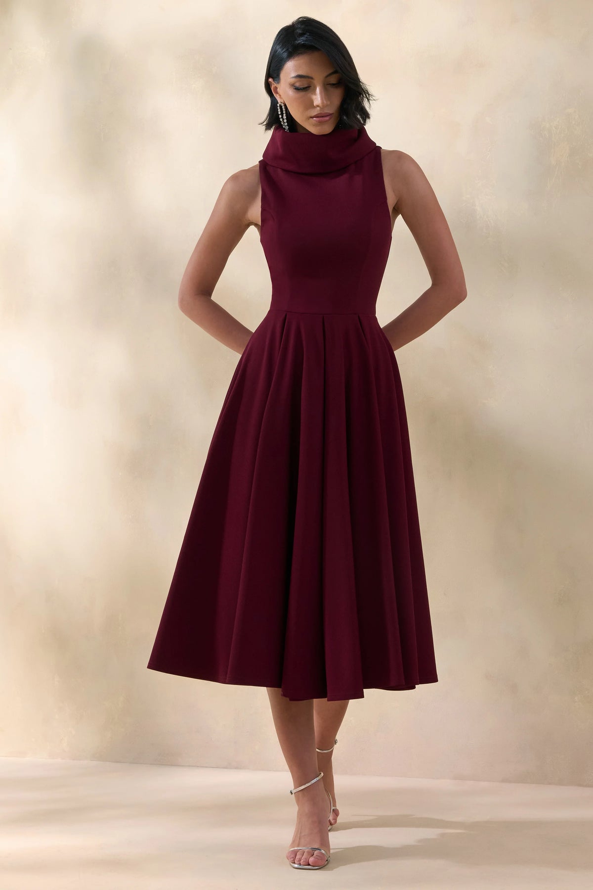 Exclusivity Burgundy High Neck Midi Dress