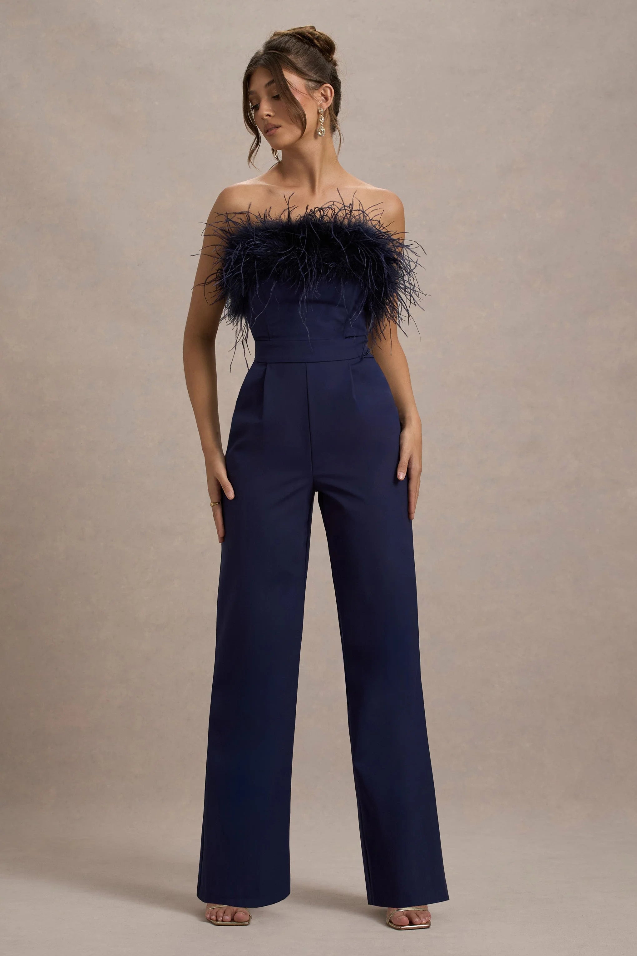 First Class Navy Bandeau Feather Wide Leg Jumpsuit