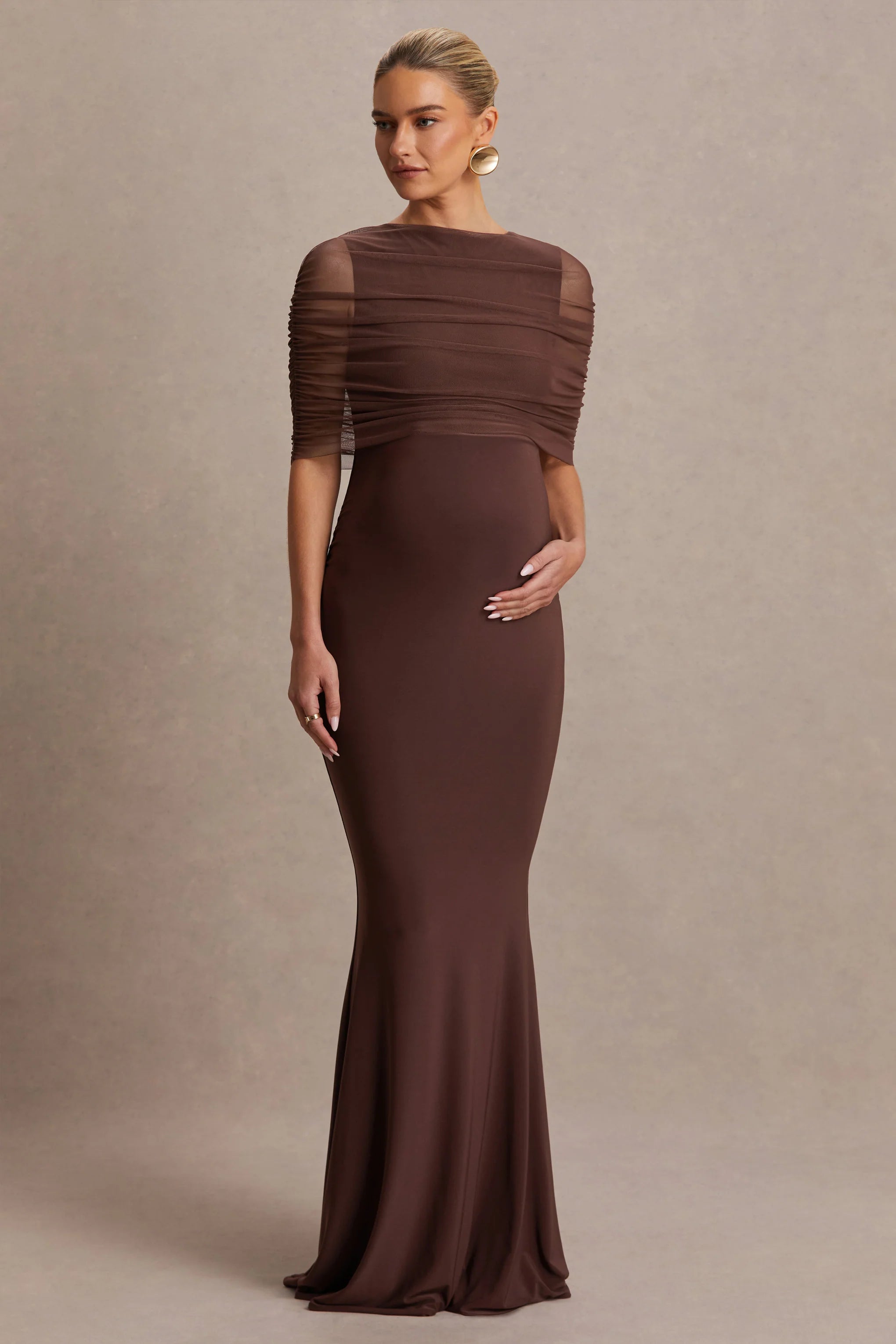 Zaria Brown Crew Neck Maternity Maxi Dress With Cape Overlay