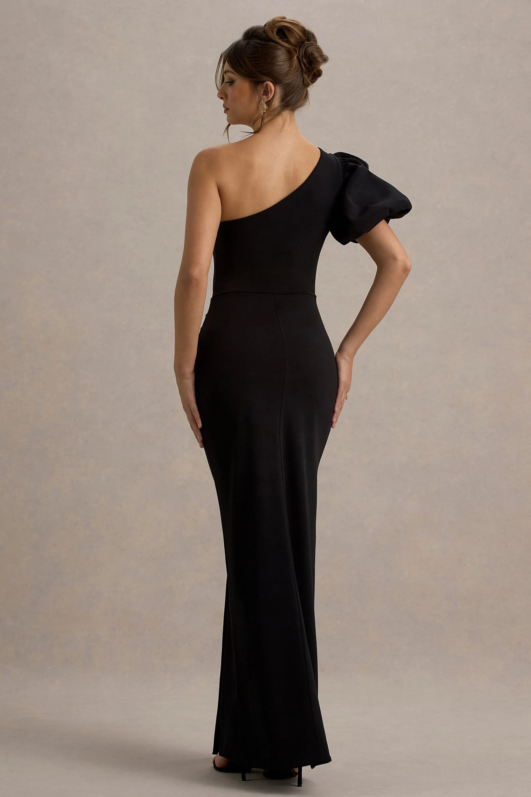 Vittoria Black Asymmetric Puff Sleeve Split Maxi Dress
