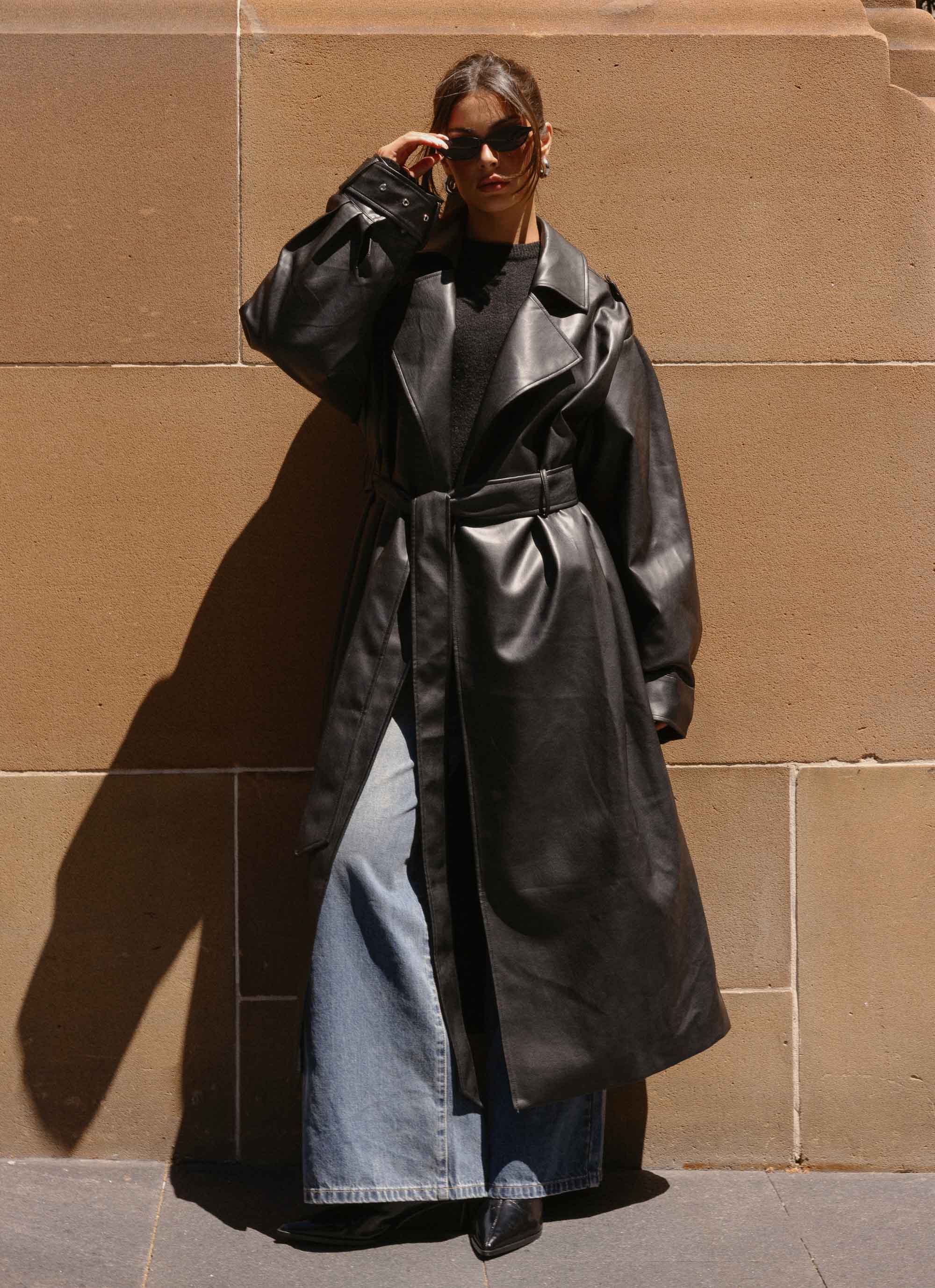 Out On The Town Faux Leather Midi Trench Black