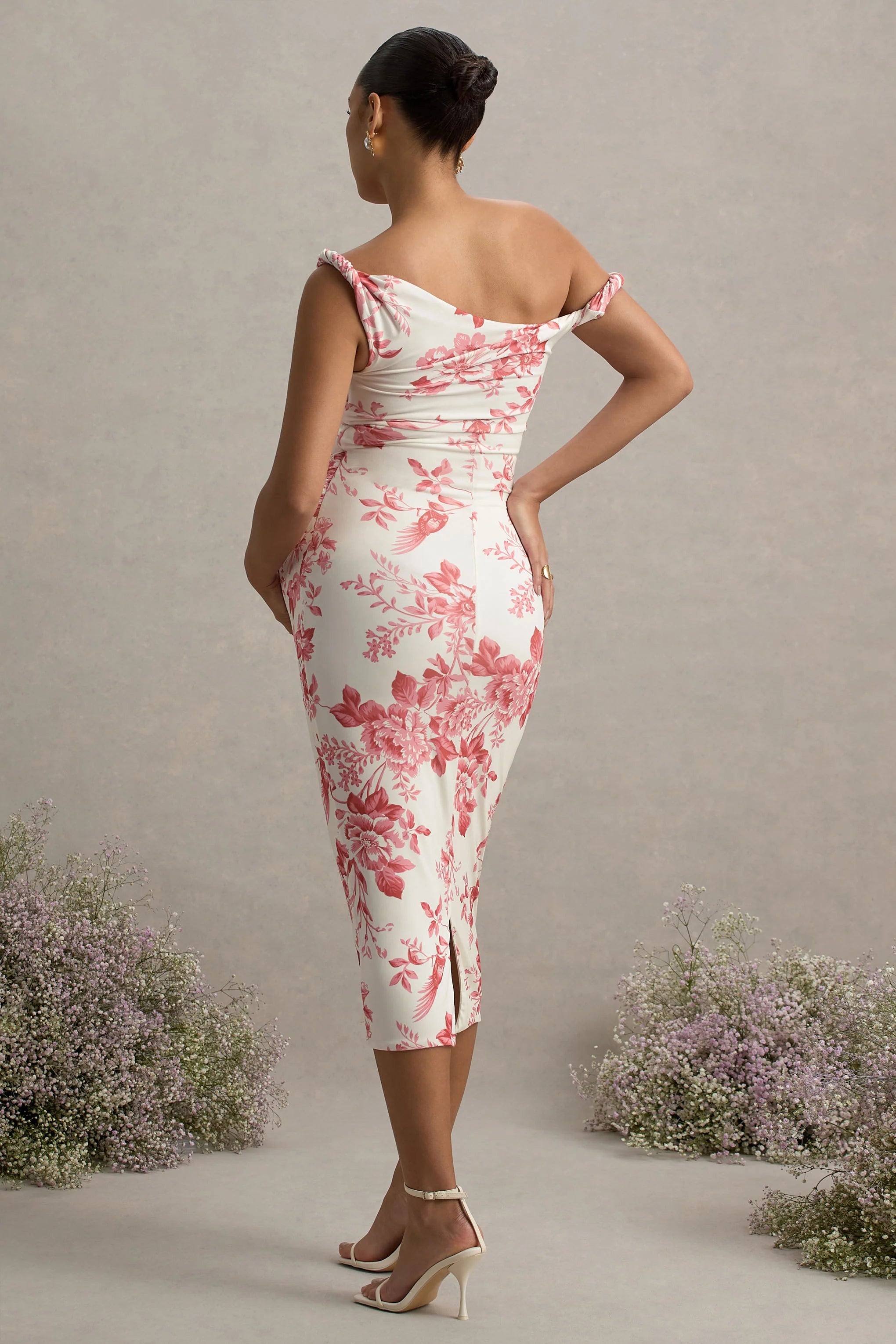 Salome Pink Floral Print Twisted Asymmetric Maternity Midi Dress