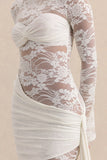 Milavia White Lace Crew Neck Mini Dress With Wrap Sash Detail