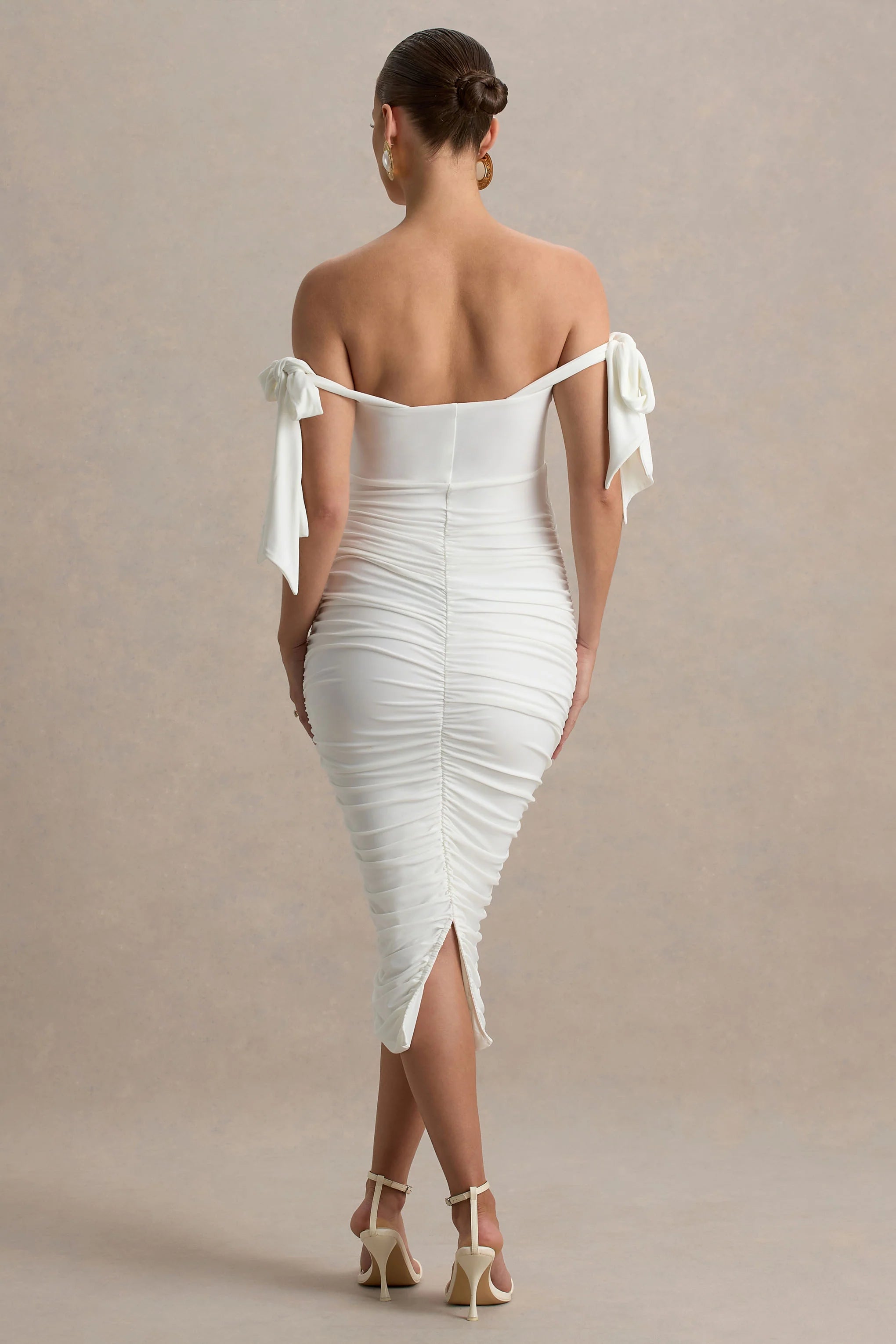 Chandelier White Bardot Maternity Midi Dress With Bow Details