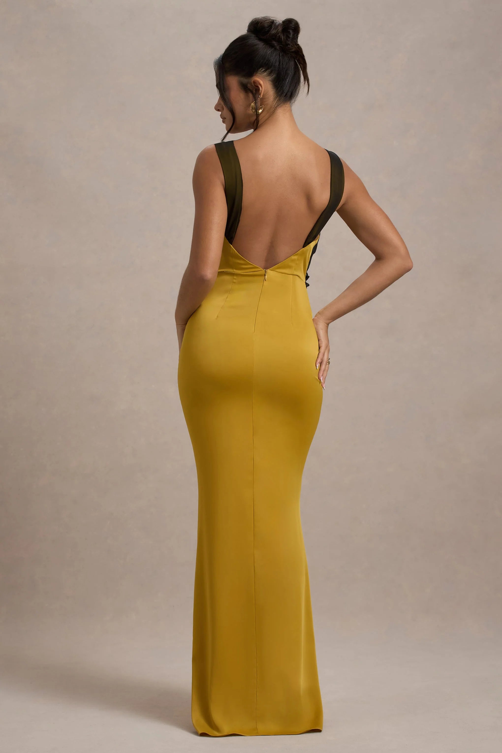 Sahara Mustard Satin V Neck Maxi Dress With Black Lace Trim