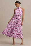 Refractive Purple Floral Print Satin Maxi Dress With Halter Neck and Pleated Skirt