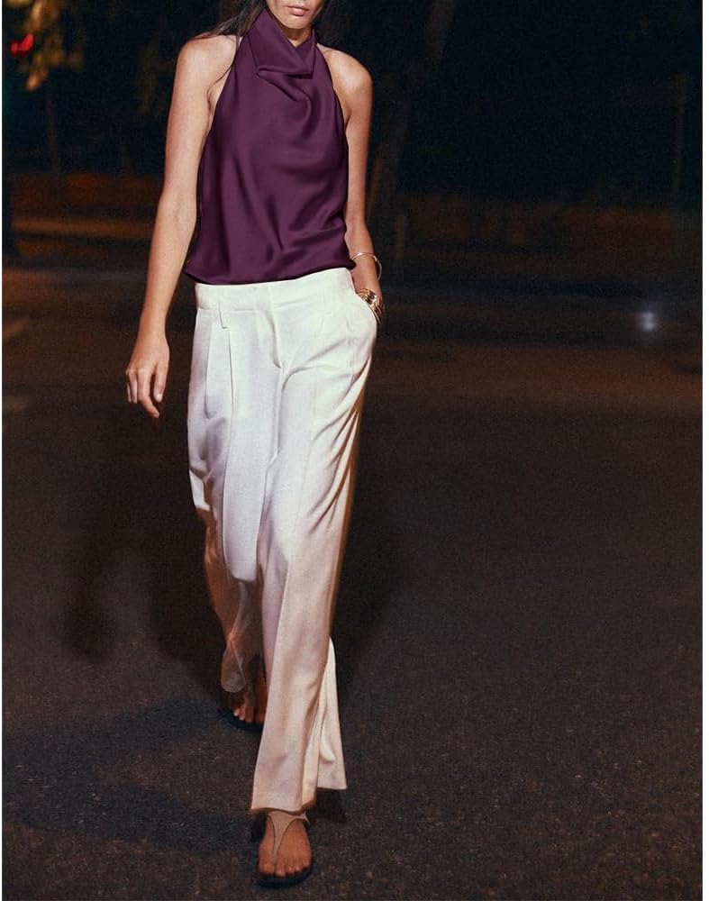 Women Halter Top Cowl Neck Backless Satin Silk Tank Tops Elegant Going Out Clubwear