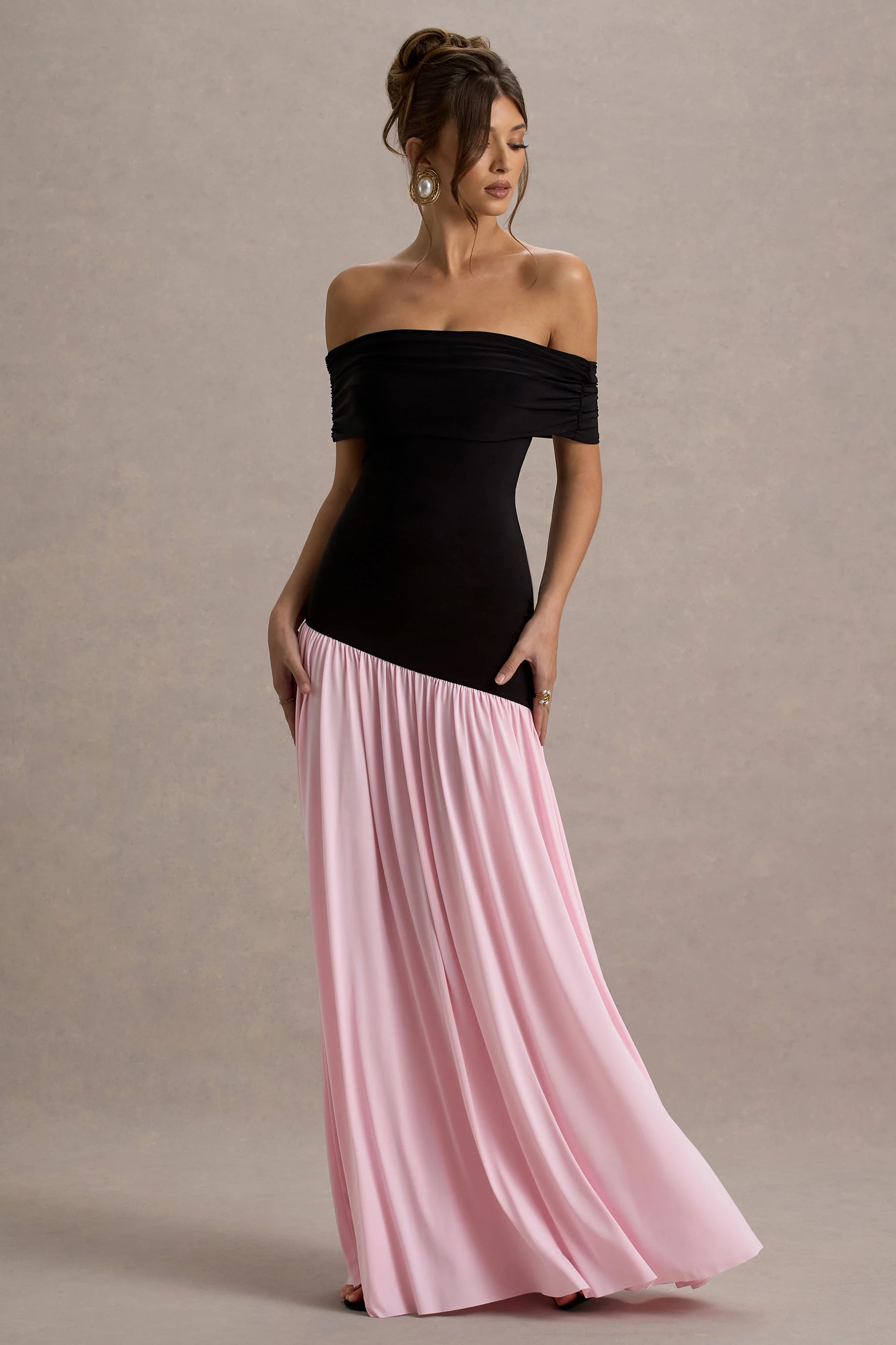 Venezia Black Pink Bardot Maxi Dress With Drop Waist
