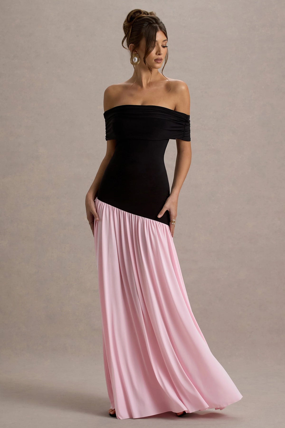 Venezia Black Pink Bardot Maxi Dress With Drop Waist