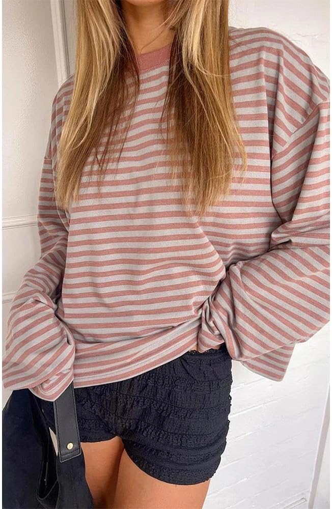 Women Striped Long Sleeve Shirt Crewneck Cropped Pullover Top Fall Winter Vintage Sweatshirt Streetwear