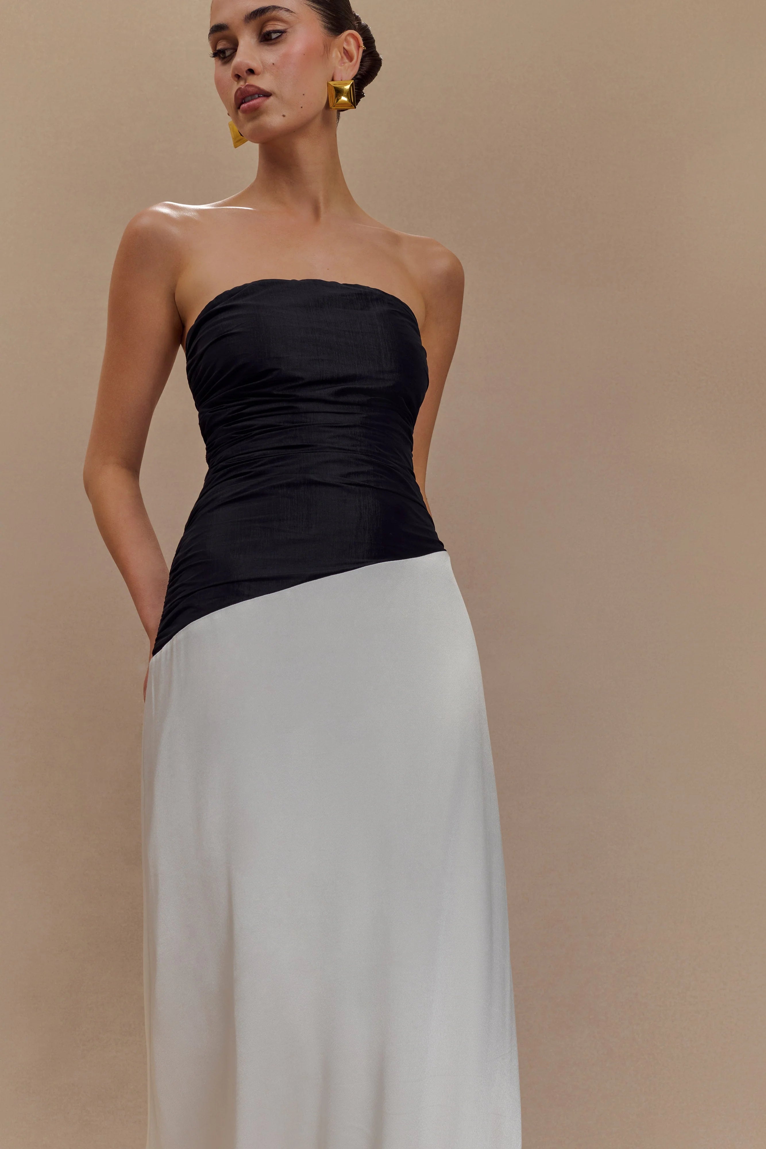 Serena Strapless Taffeta Maxi Dress White Black
