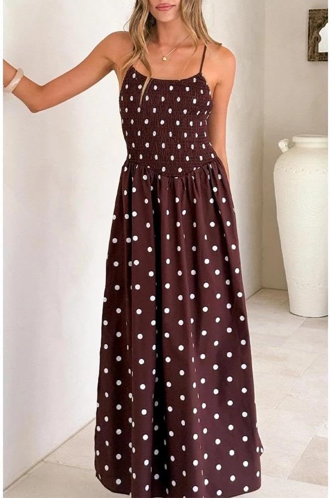 Women Polka Dot Maxi Dress Smocked Spaghetti Strap Flowy Sundress Summer Beach Vacation