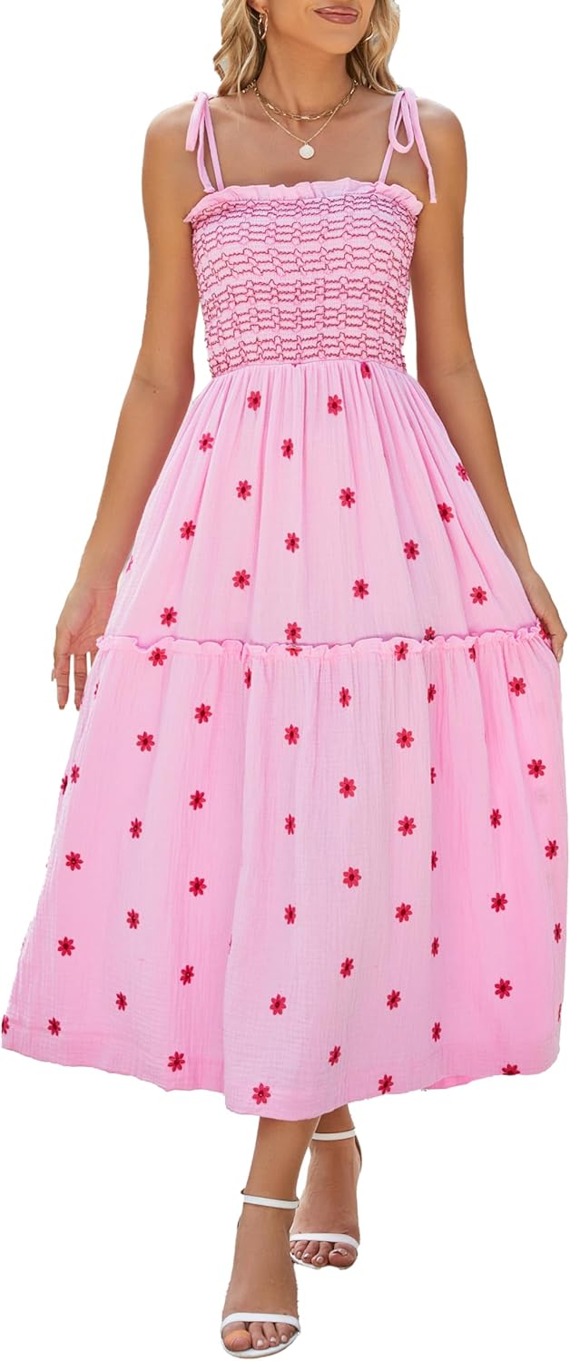 Women Floral Embroidered Maxi Dress Sleeveless Tie Shoulder Smocked Flowy Dress Boho Summer Sundresses with Pockets