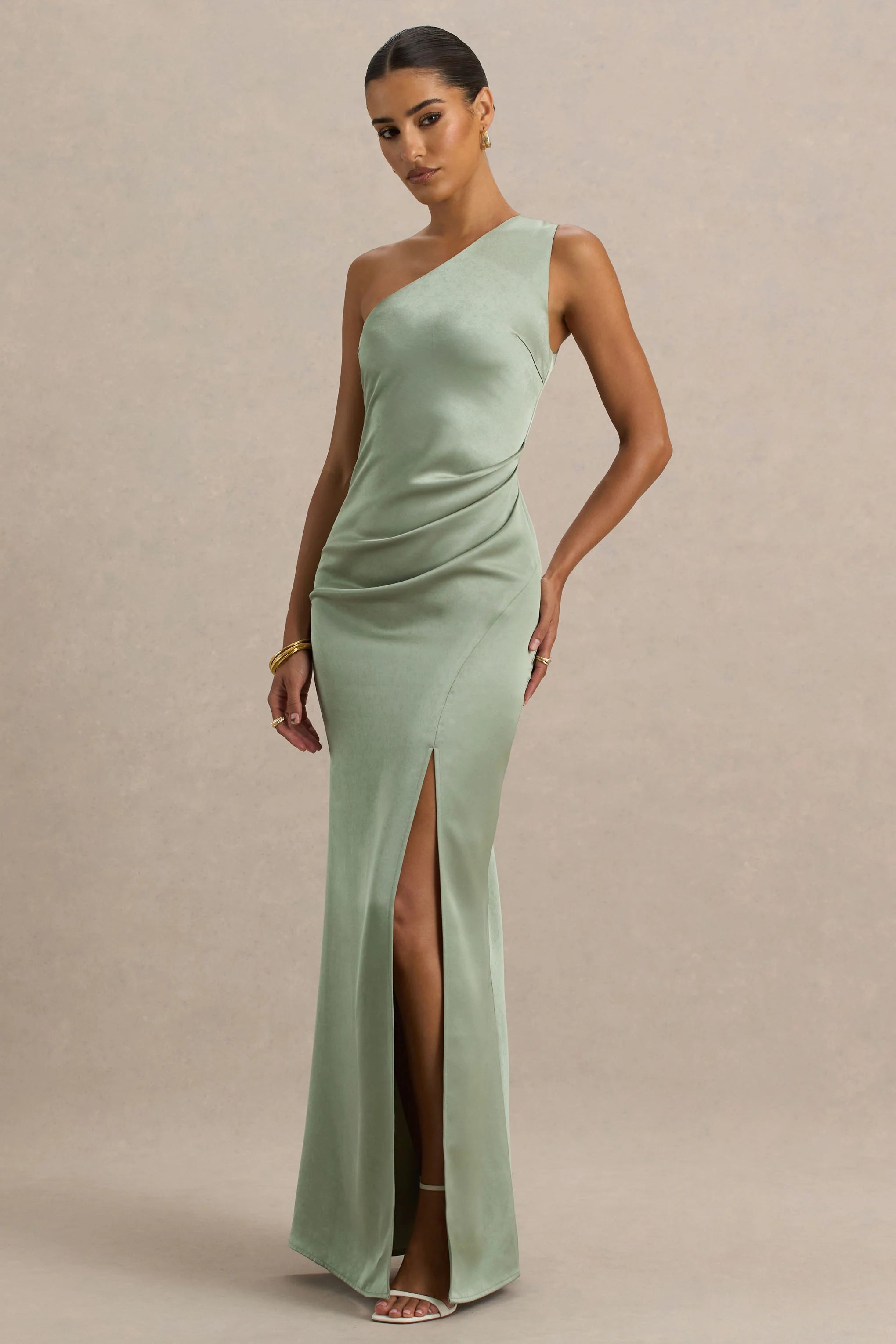 Beth Sage Asymmetric Neckline High Split Maxi Dress