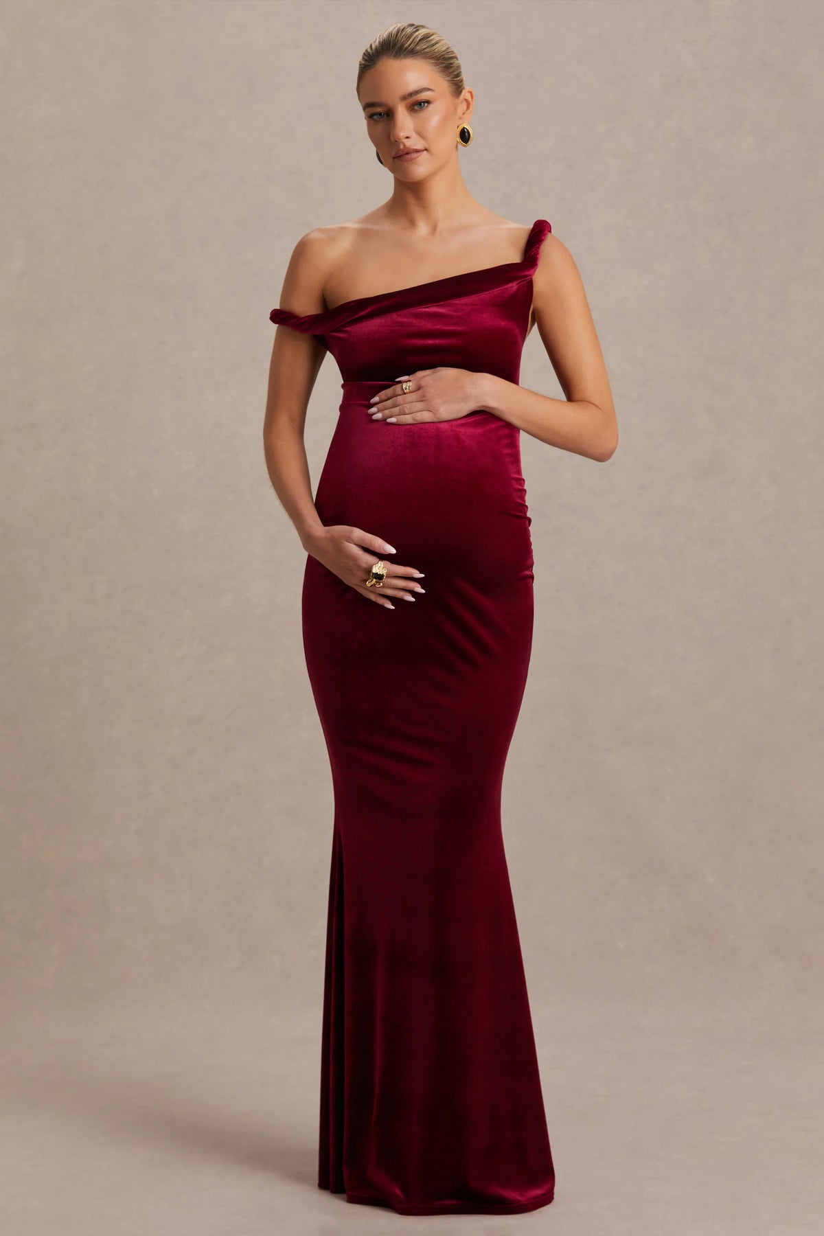Tallulah Burgundy Velvet Asymmetric Neck Maternity Maxi Dress With Twist Sleeve