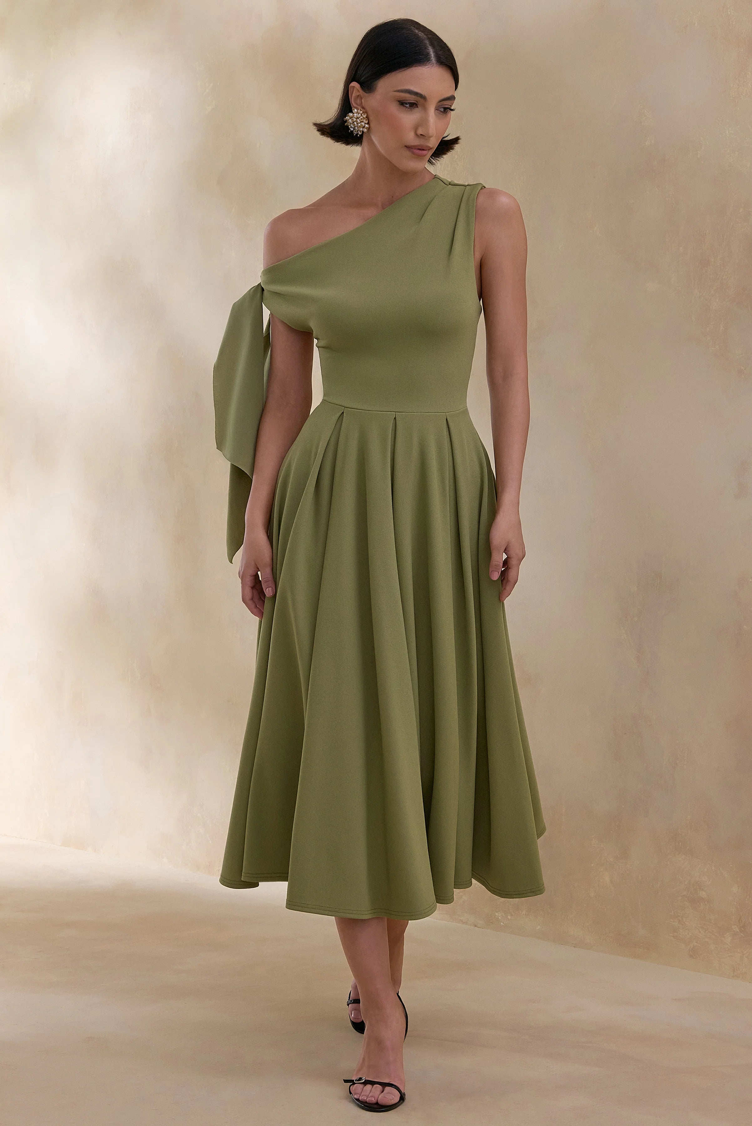 Daring Olive Asymmetric Neck Midi Dress With Knot Detail