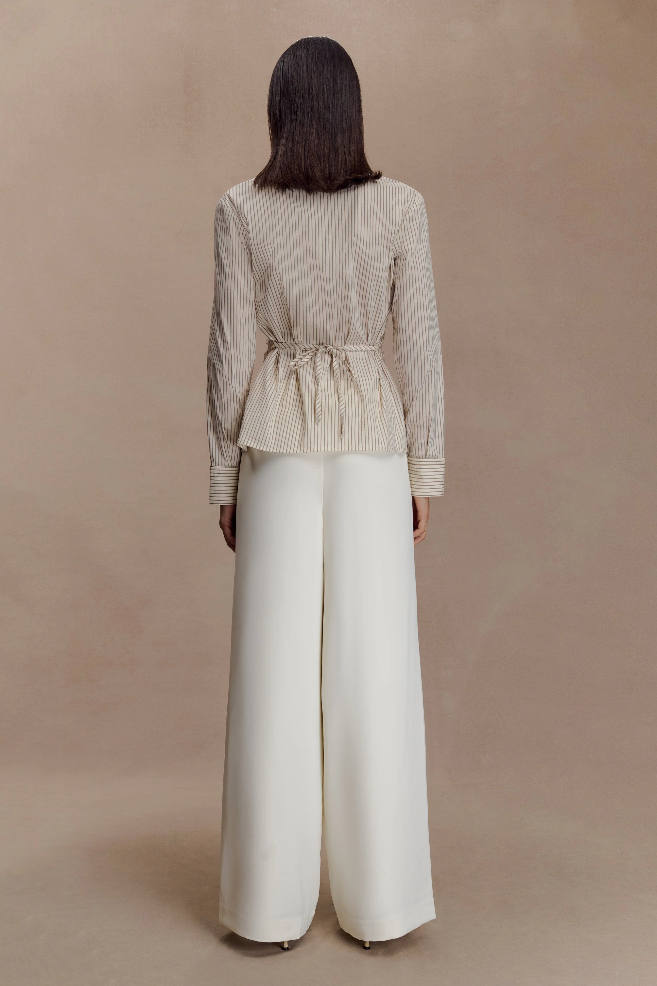 Millie Tie Back Cotton Shirt Beige Pinstripe
