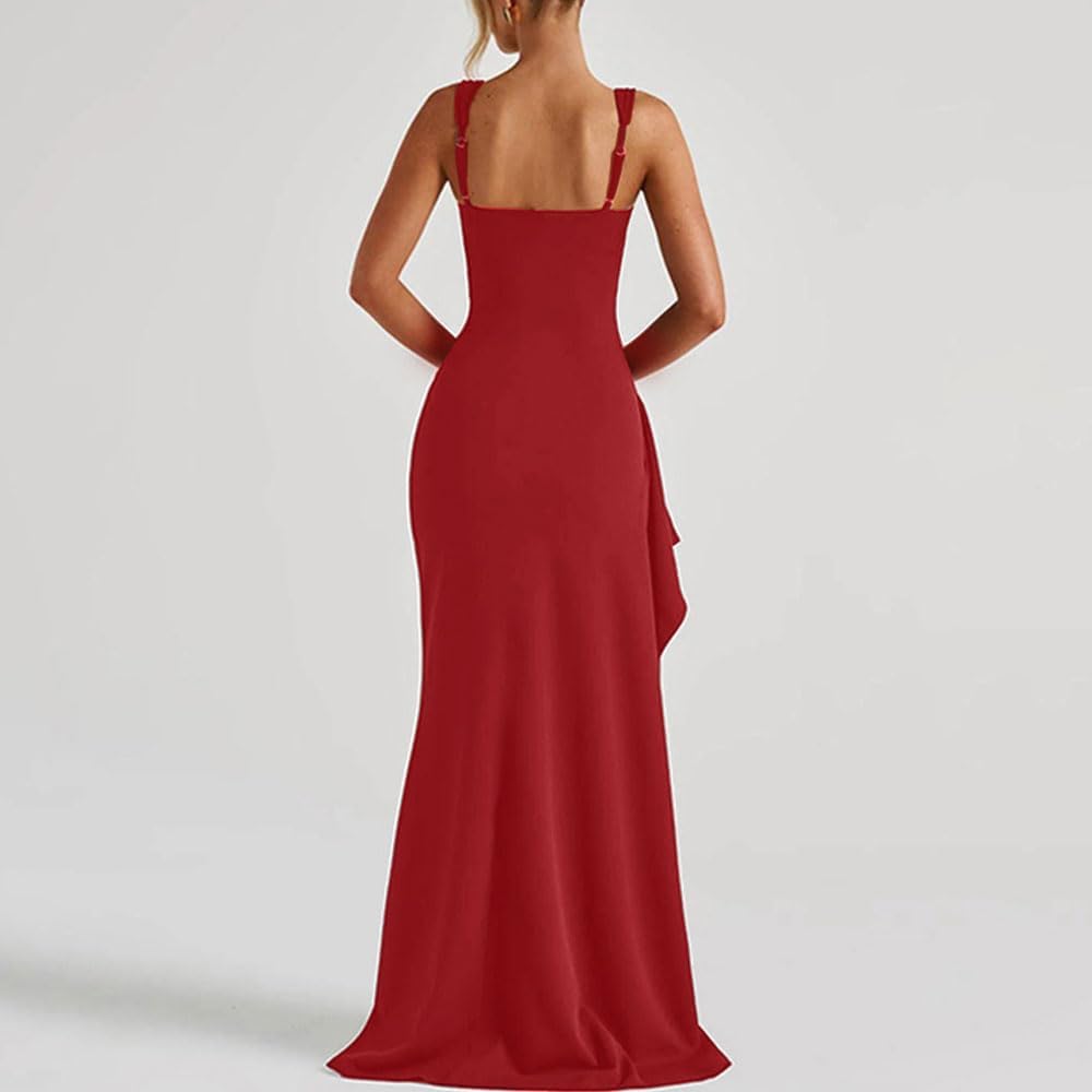 Women Formal Dresses Sleeveless Bodycon Ruched High Slit Sexy Maxi Dress Cocktail Prom