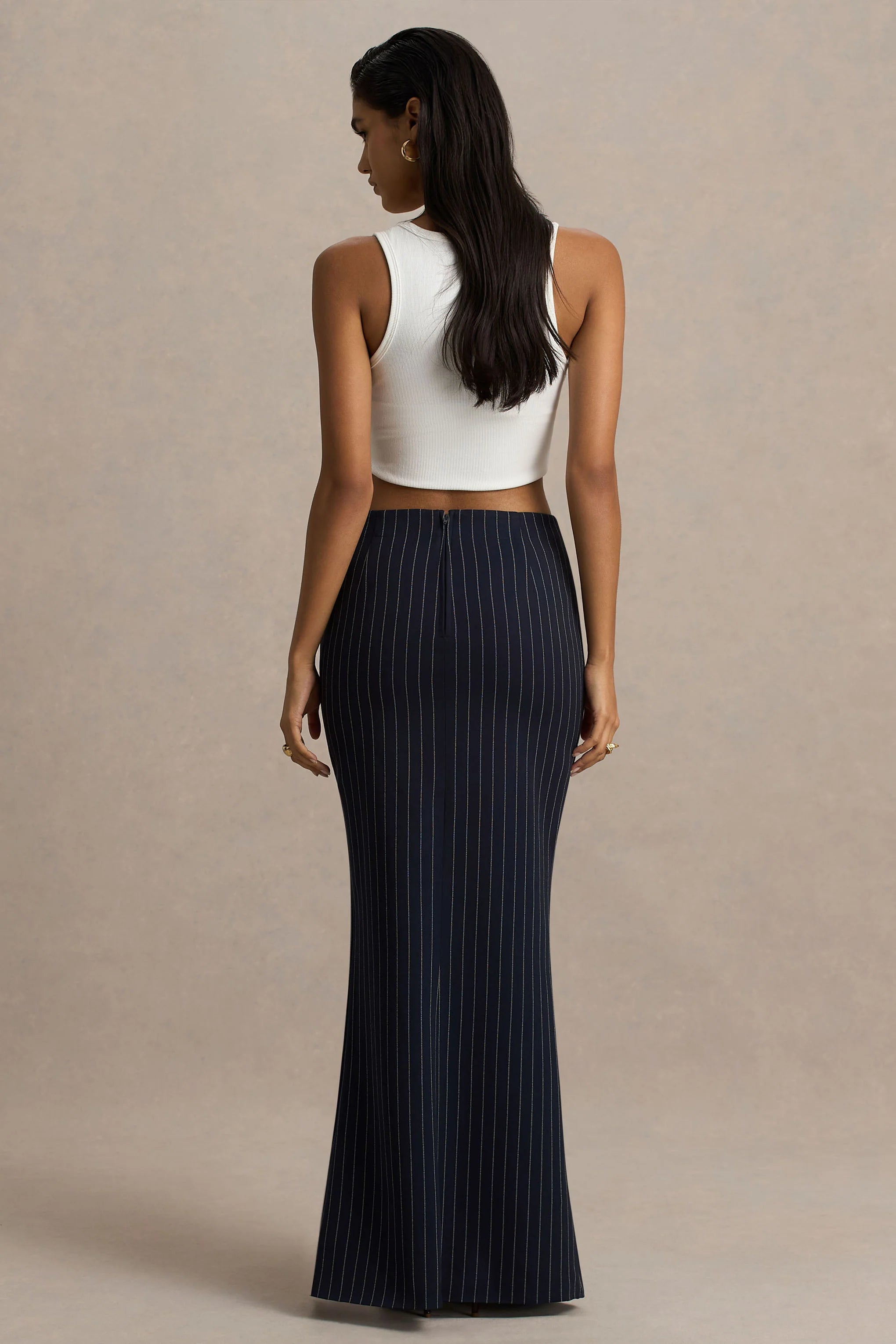 Elana Navy Pinstripe Maxi Skirt With Front High Split