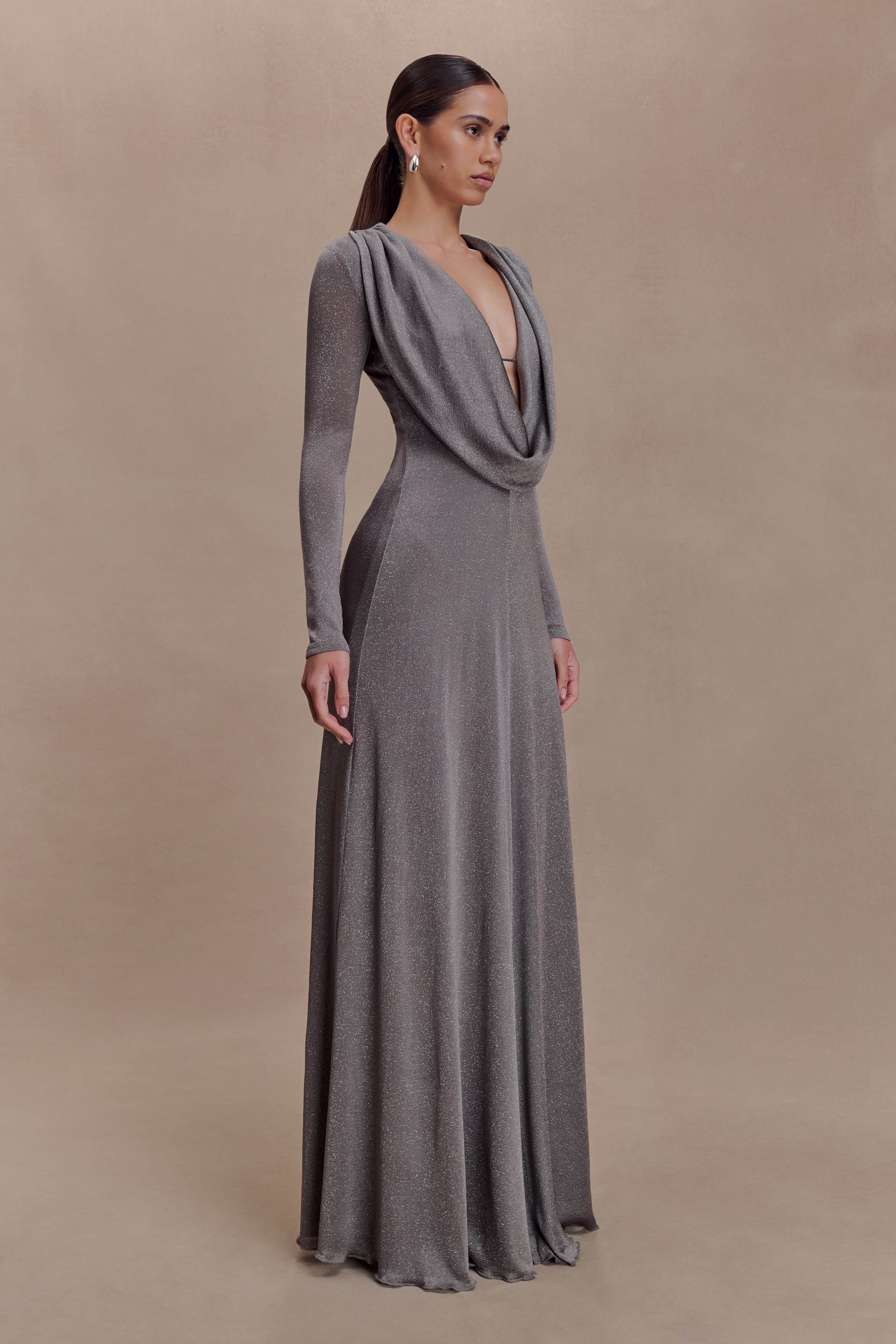 Scarlet Lurex Cowl Maxi Dress Silver