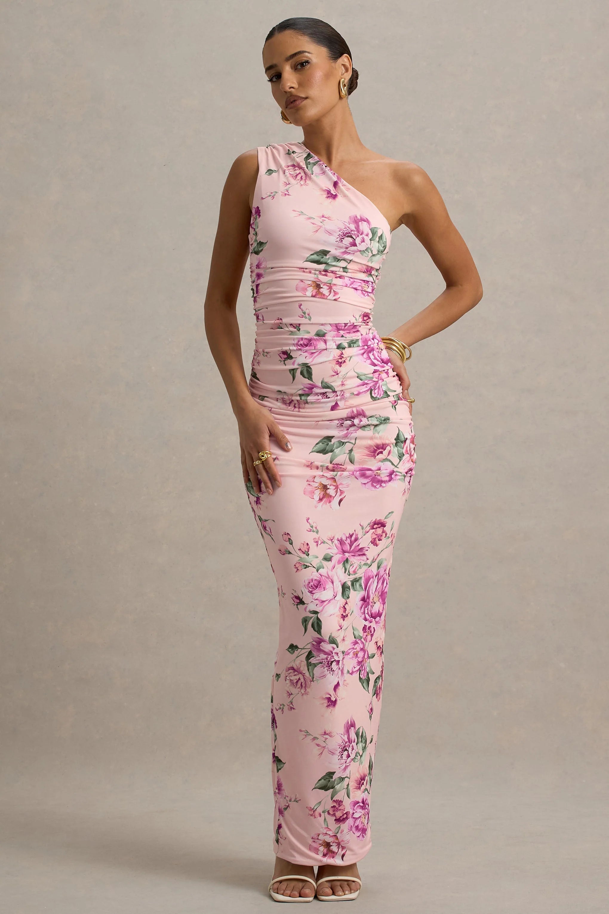 Dalarie Pink Floral Print One Shoulder Gathered Maxi Dress