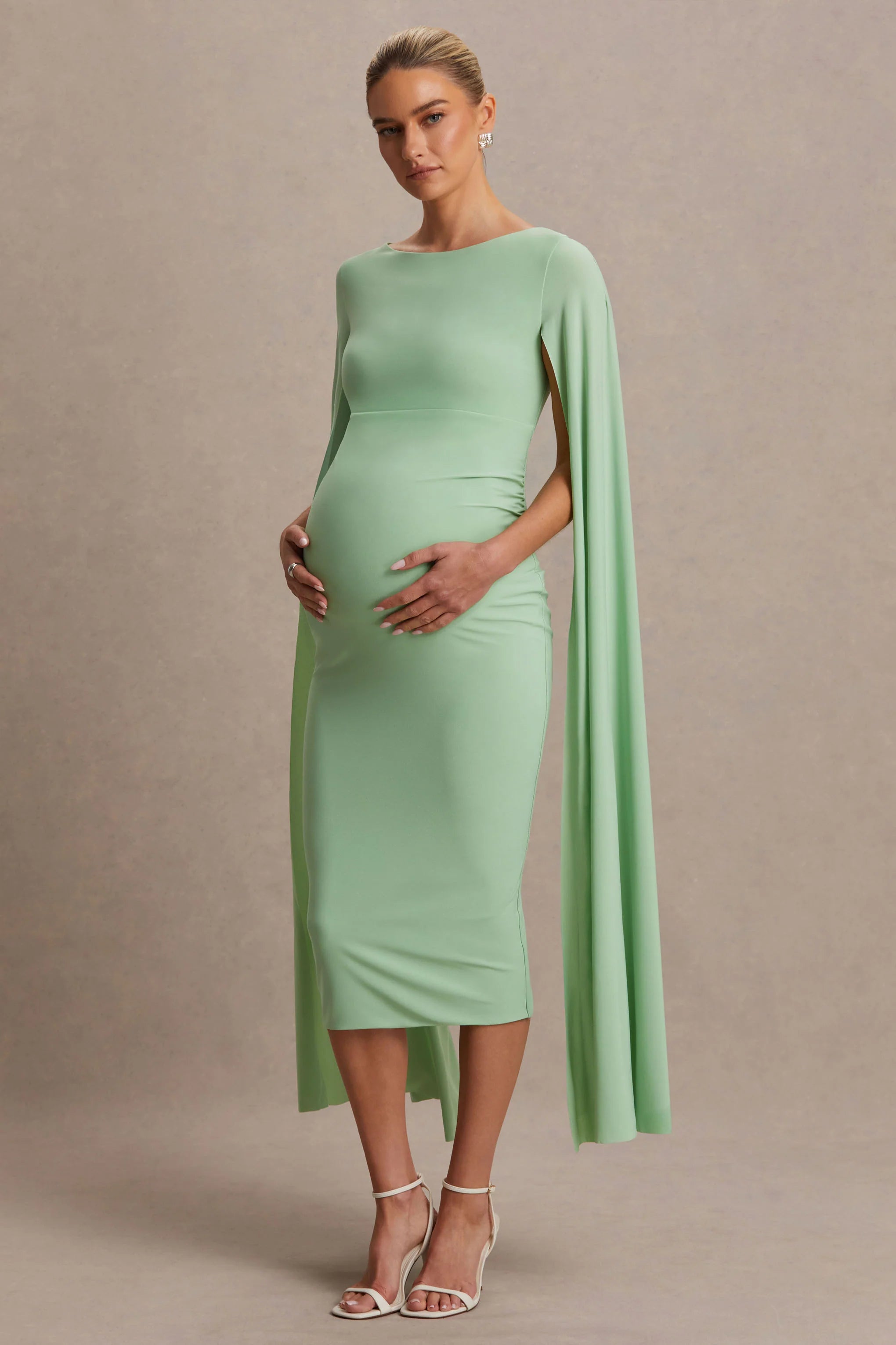 Providence Light Green High Neck Maternity Midi Dress With Cape Sleeves