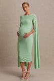 Providence Light Green High Neck Maternity Midi Dress With Cape Sleeves