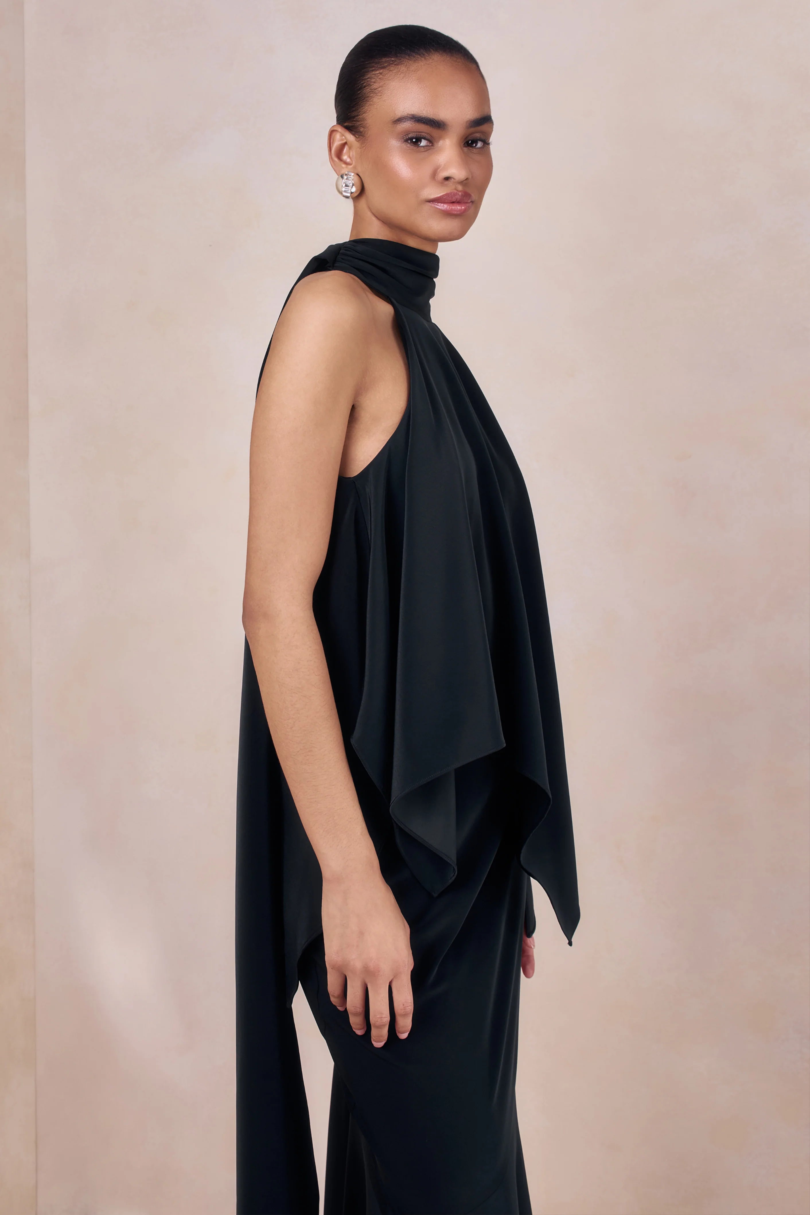 Sancelle Black Matte Satin Halter Neck Top