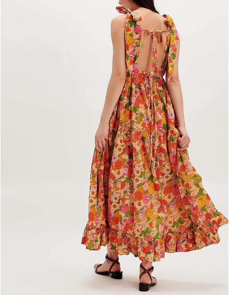 Women Floral Maxi Dress Tie Shoulder Cutout Backless Boho Smocked Flowy Dresses Summer Fall Sundress