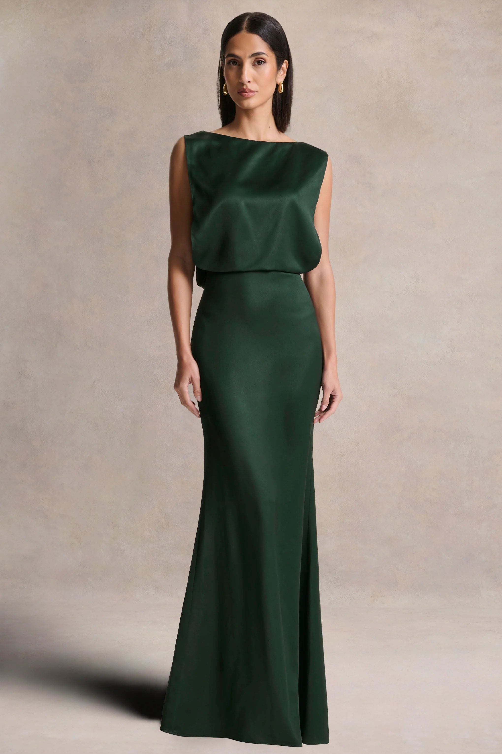 Stacey Dark Green Slashed Neck Maxi Dress With Open Back And Embellished Detail