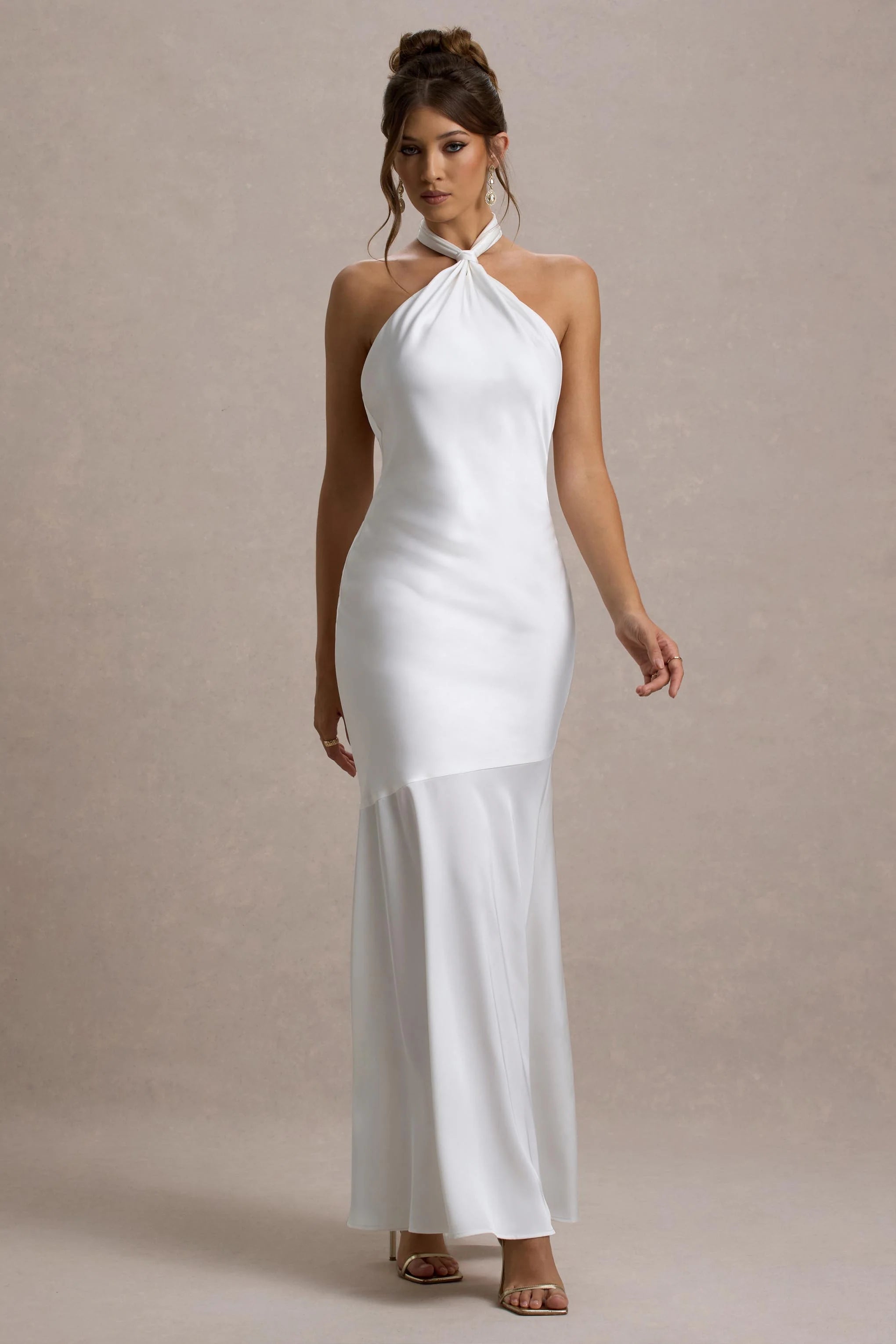 Knox White Satin Knot Halter Neck Maxi Dress