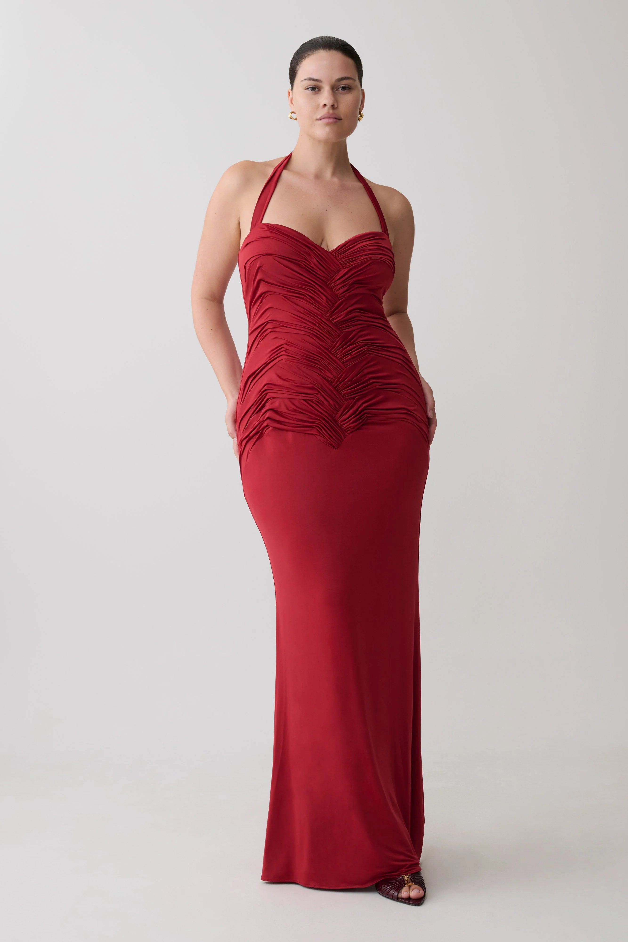 Hoai Gathered Slinky Halter Maxi Dress Deep Red