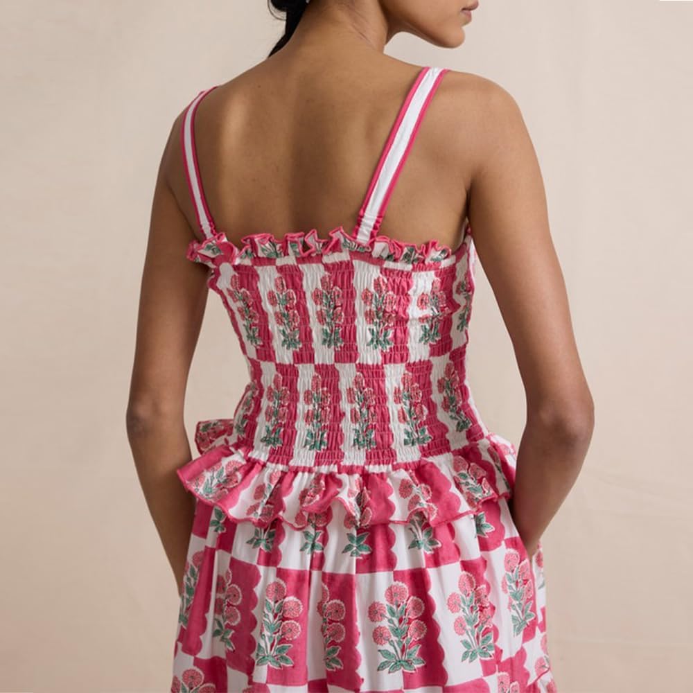 Women Floral Maxi Dress Sleeveless Smocked Ruffle Flowy Boho Sundress with Pockets Summer Vacation