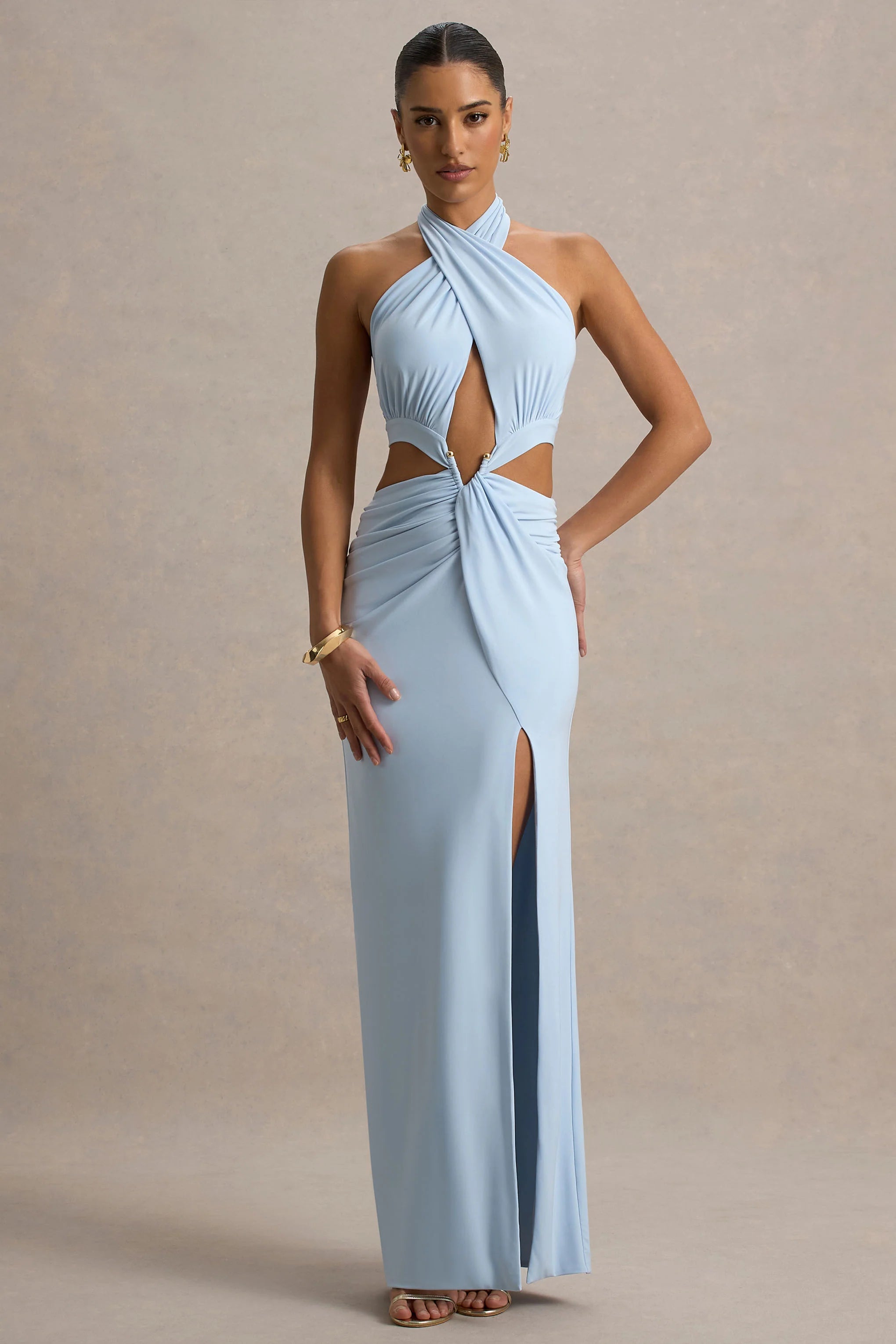 Aura Powder Blue Halter Neck Cut Out Split Maxi Dress