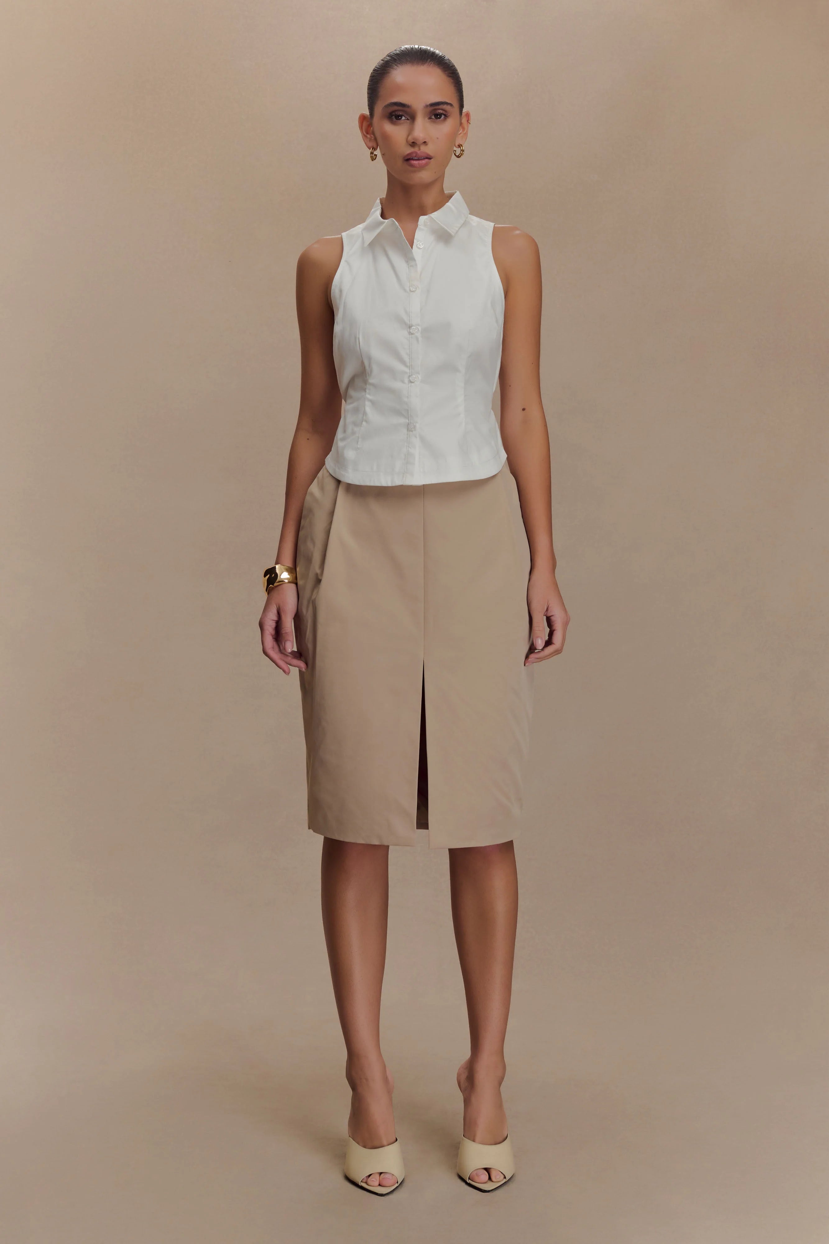 Vera Twill Split Front Midi Skirt Camel