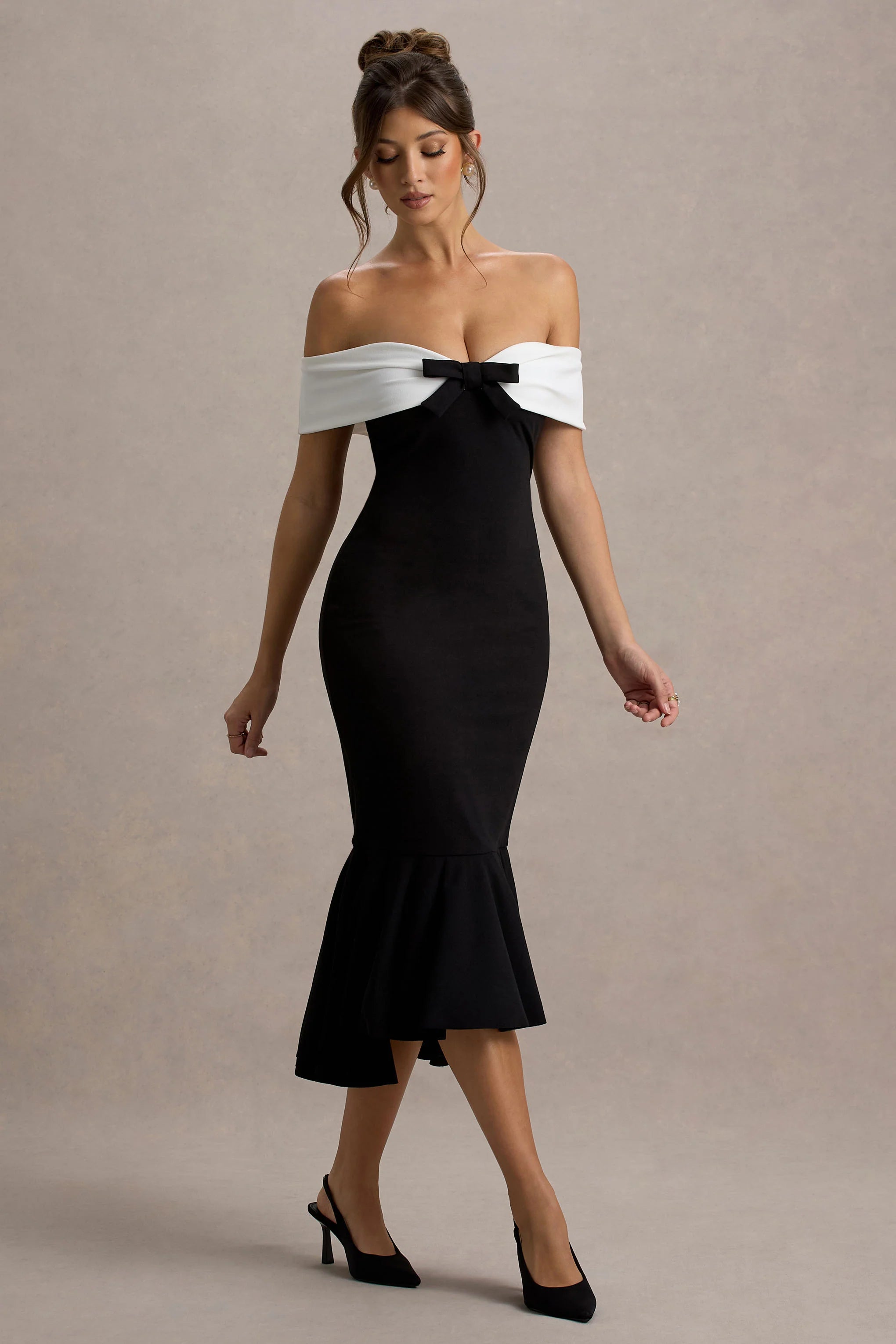 Corola Black White Bardot Volume Hem Midi Dress