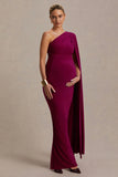 Amaryllis Berry Maternity One Shoulder Maxi Dress with Cape Sleeve