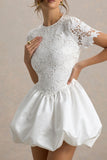 Taffy White Lace Mini Dress With Satin Puffball Skirt