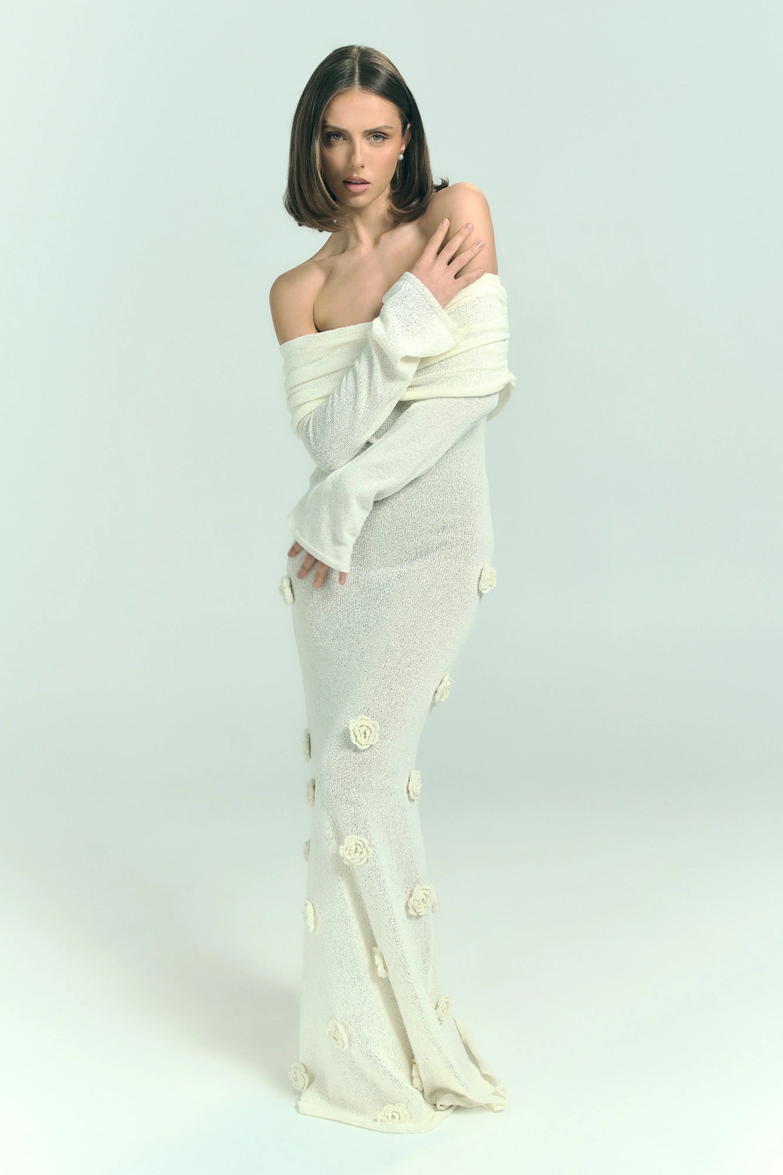 Kiki Off Shoulder Knit Rose Maxi Dress Ivory