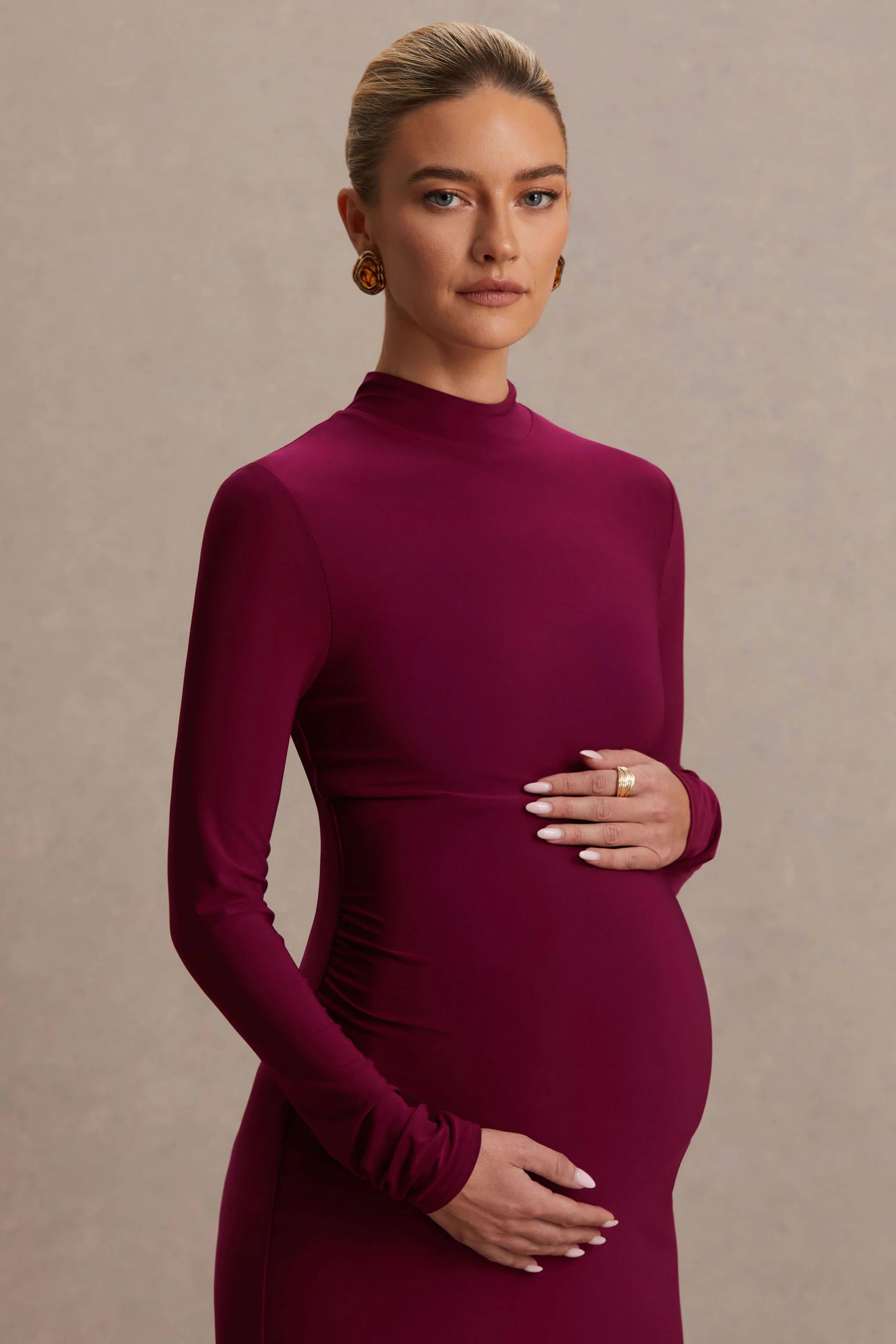 Alejandra Burgundy Maternity Long Sleeve High Neck Maxi Dress