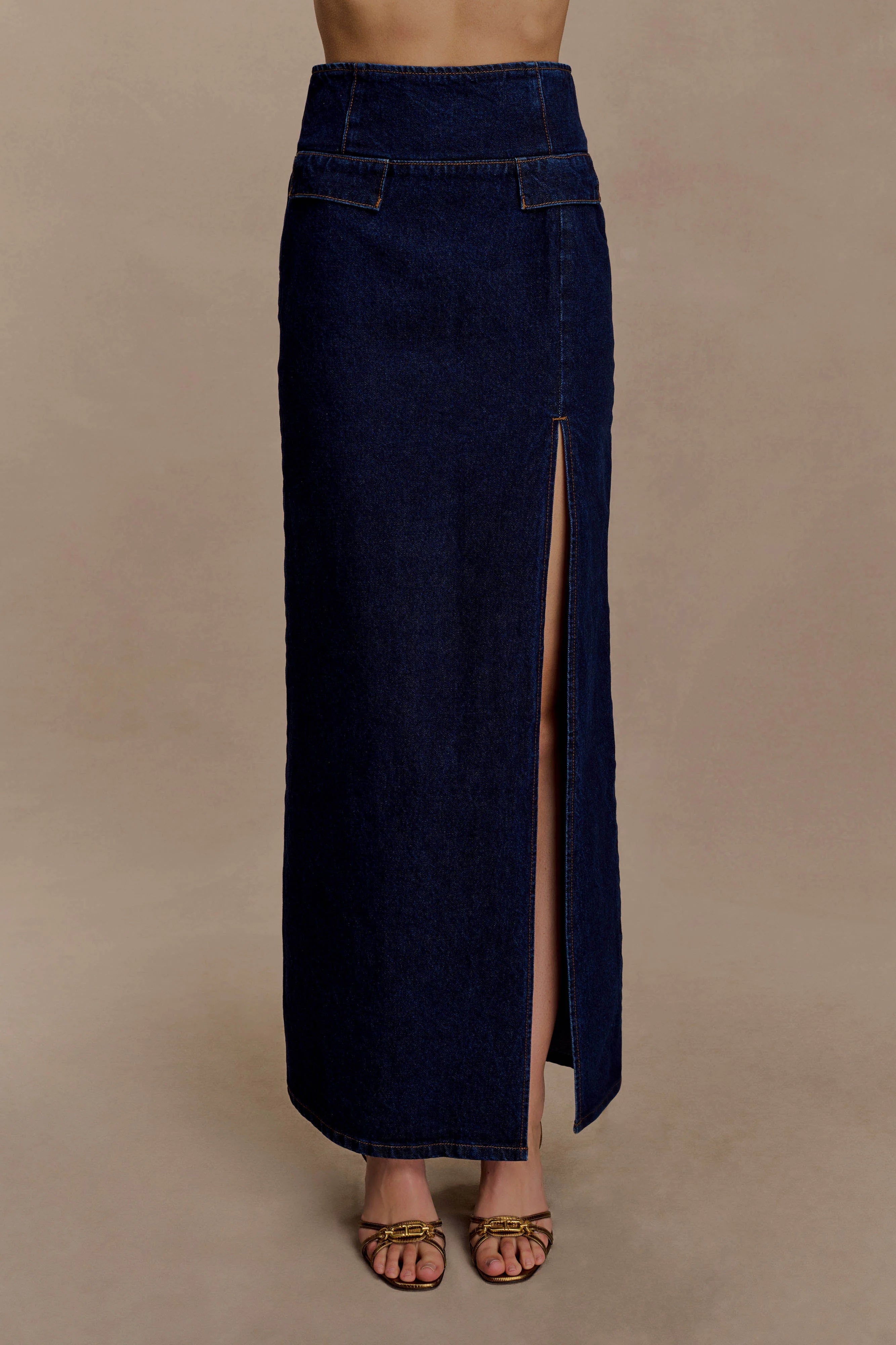 Maylena High Rise Denim Maxi Skirt Indigo Blue