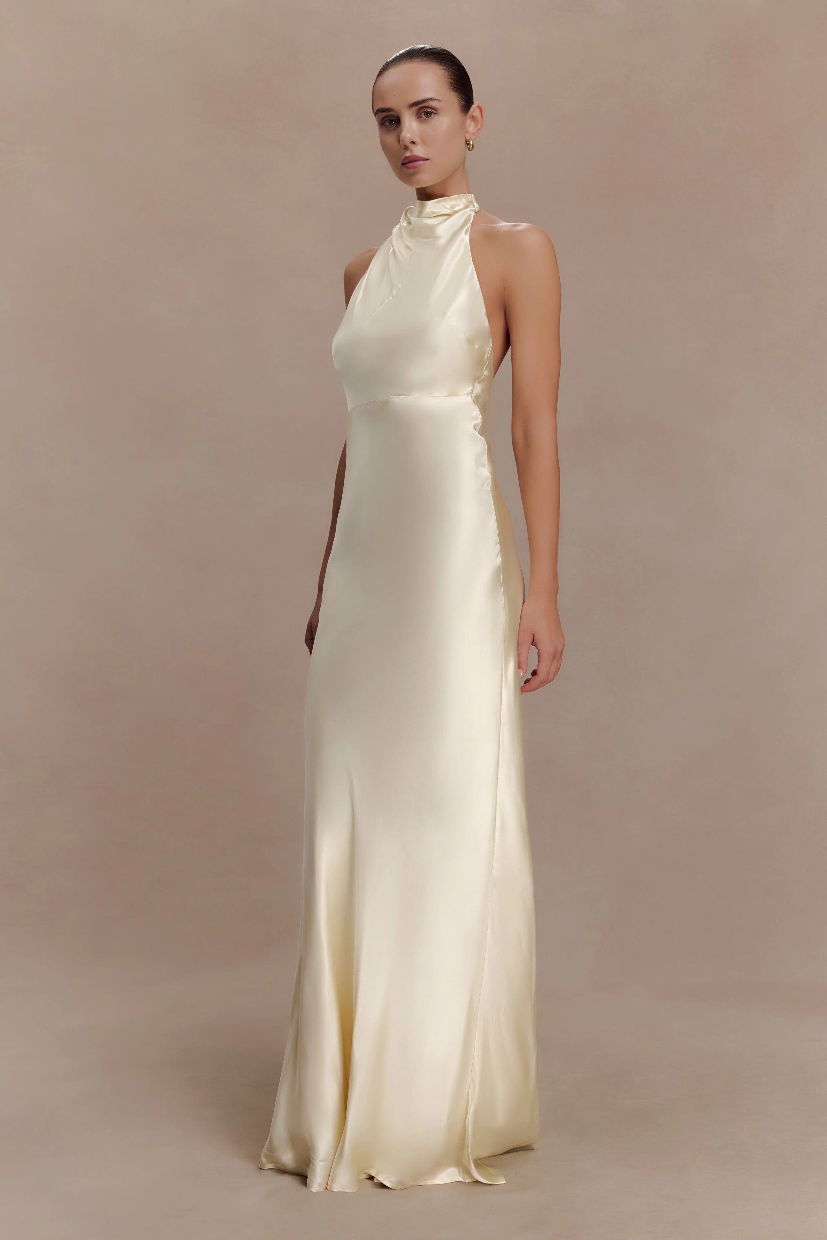 Esther Iridescent Satin Cowl Maxi Dress Lemon Sorbet