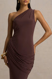 Elisa Brown Asymmetric Neck Maxi Dress With Open Back And Ruched Detailing
