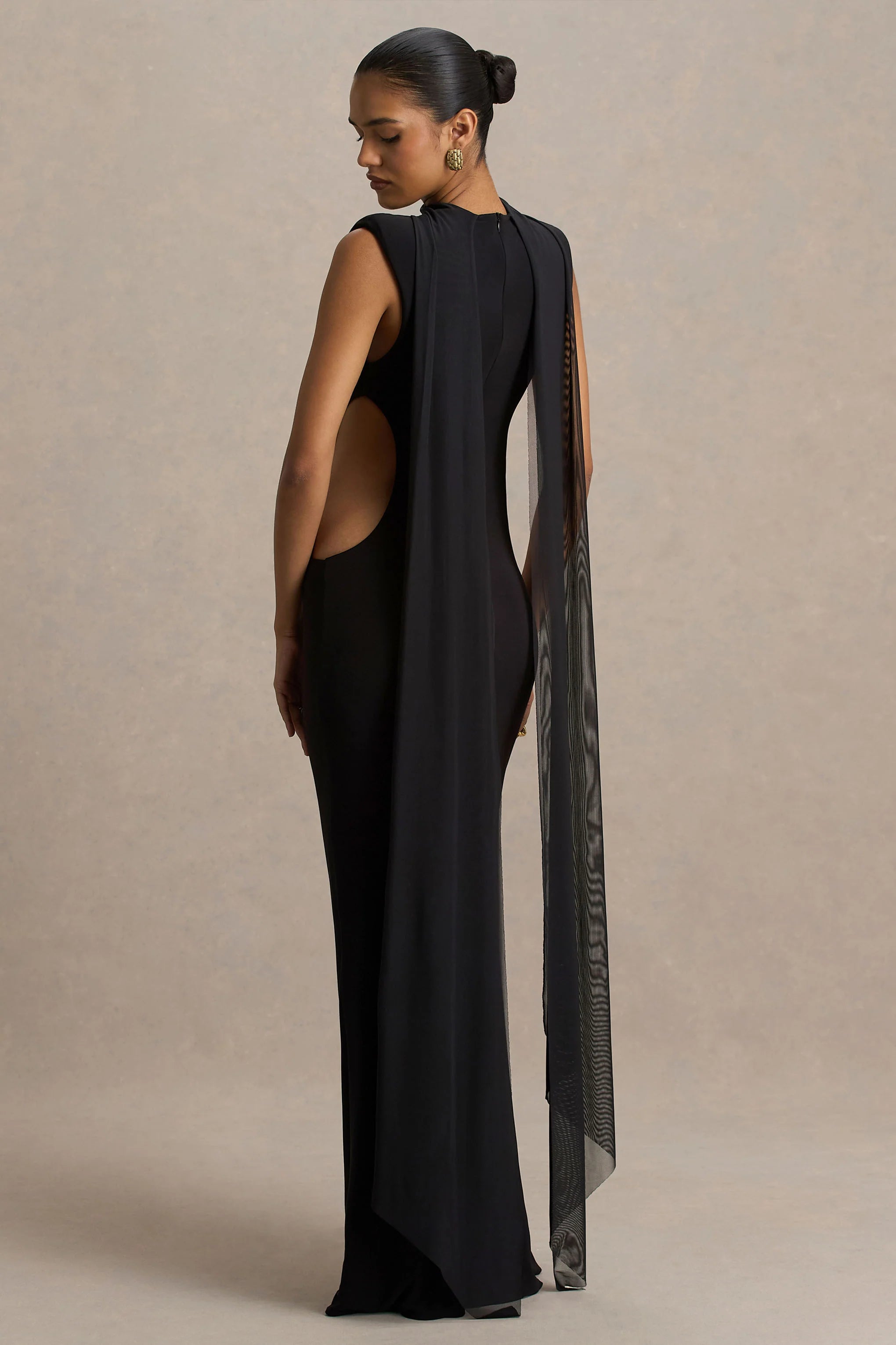Katara Black High Neck Maxi Dress With Body Cut Out Details