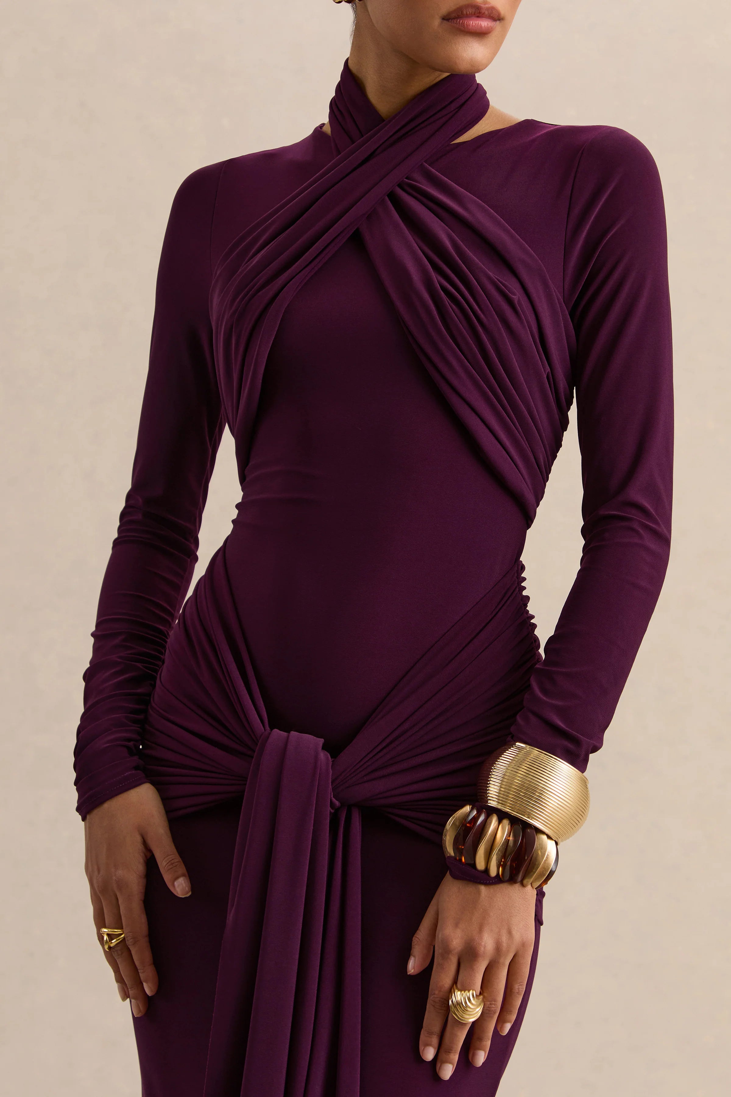 Linessa Dark Plum High Neck Maxi Dress With Sash And Gathered Detailing