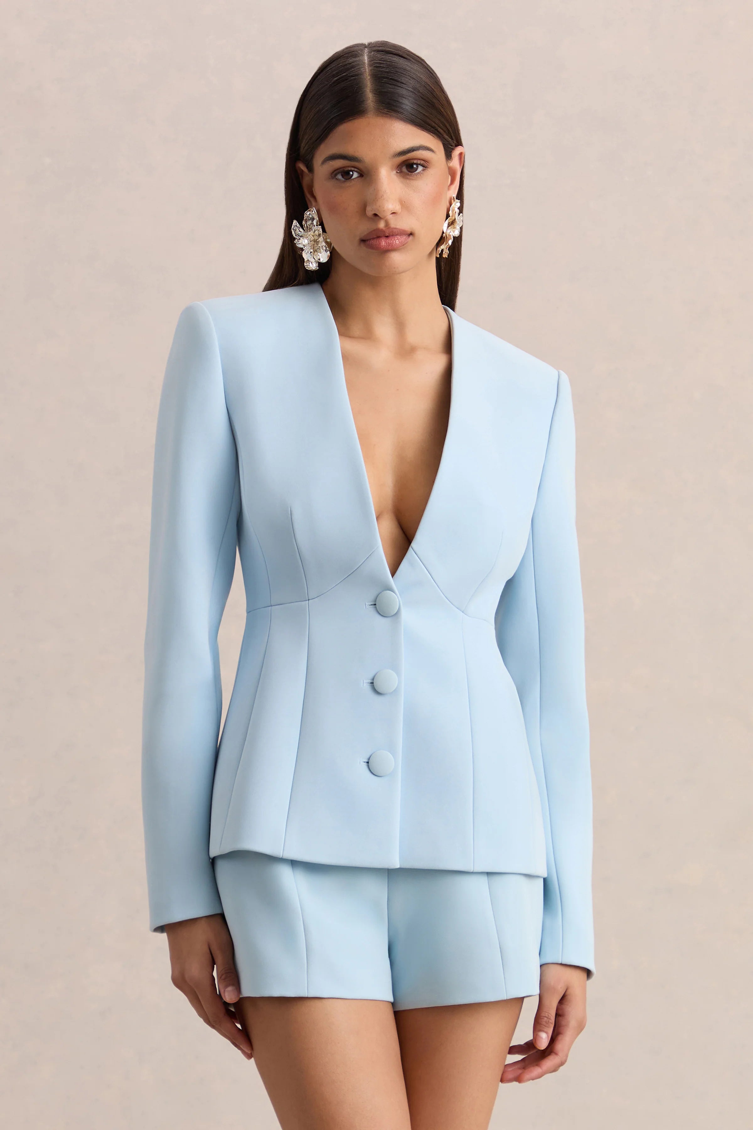 Rosalina Light Blue Extreme Plunge Neck Tailored Blazer