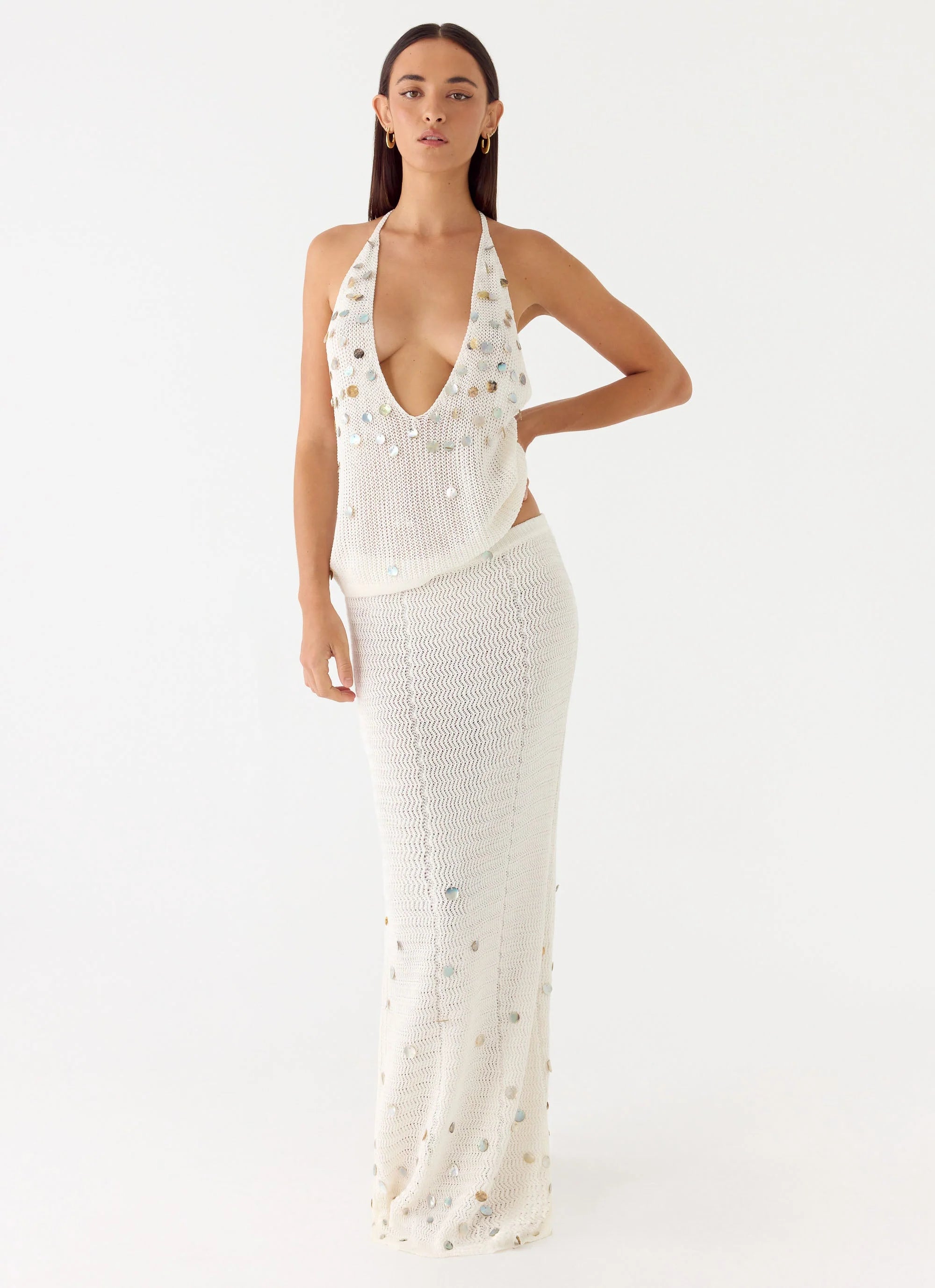 Adelaida Beaded Crochet Maxi Skirt - Ivory