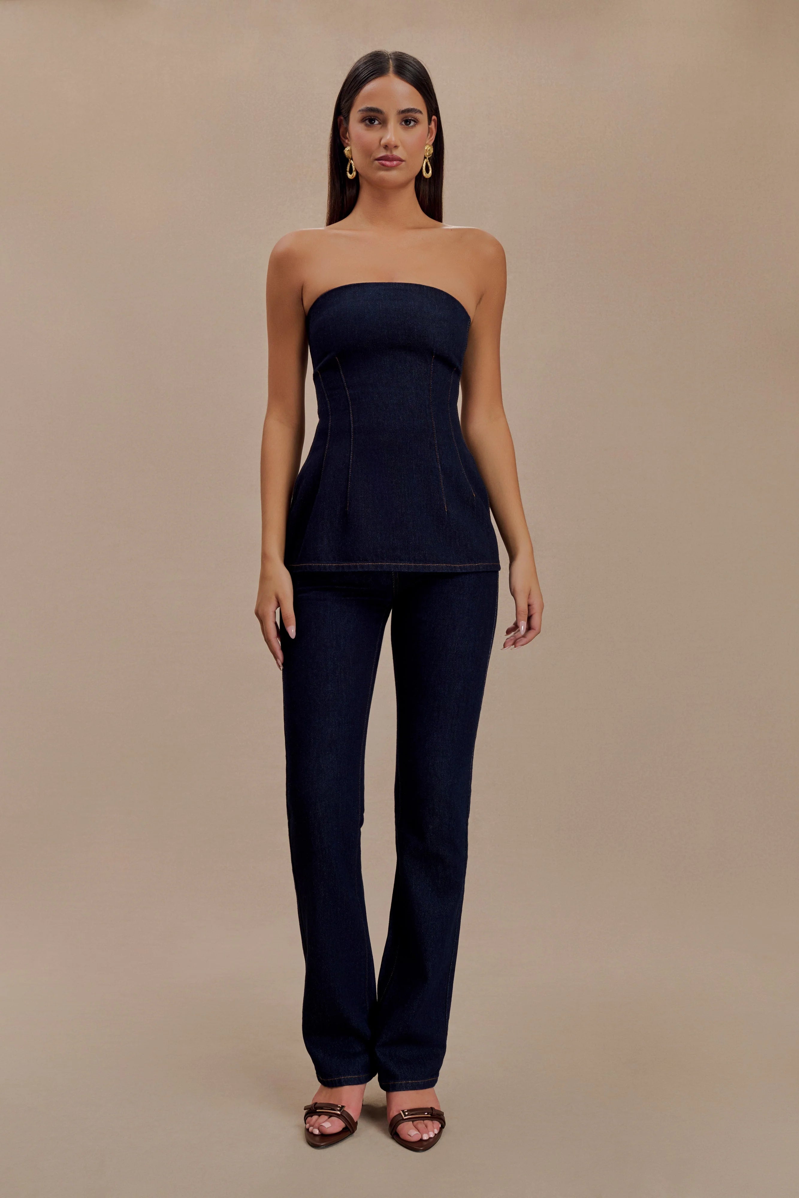 Madelyn Strapless Longline Denim Top Indigo Blue