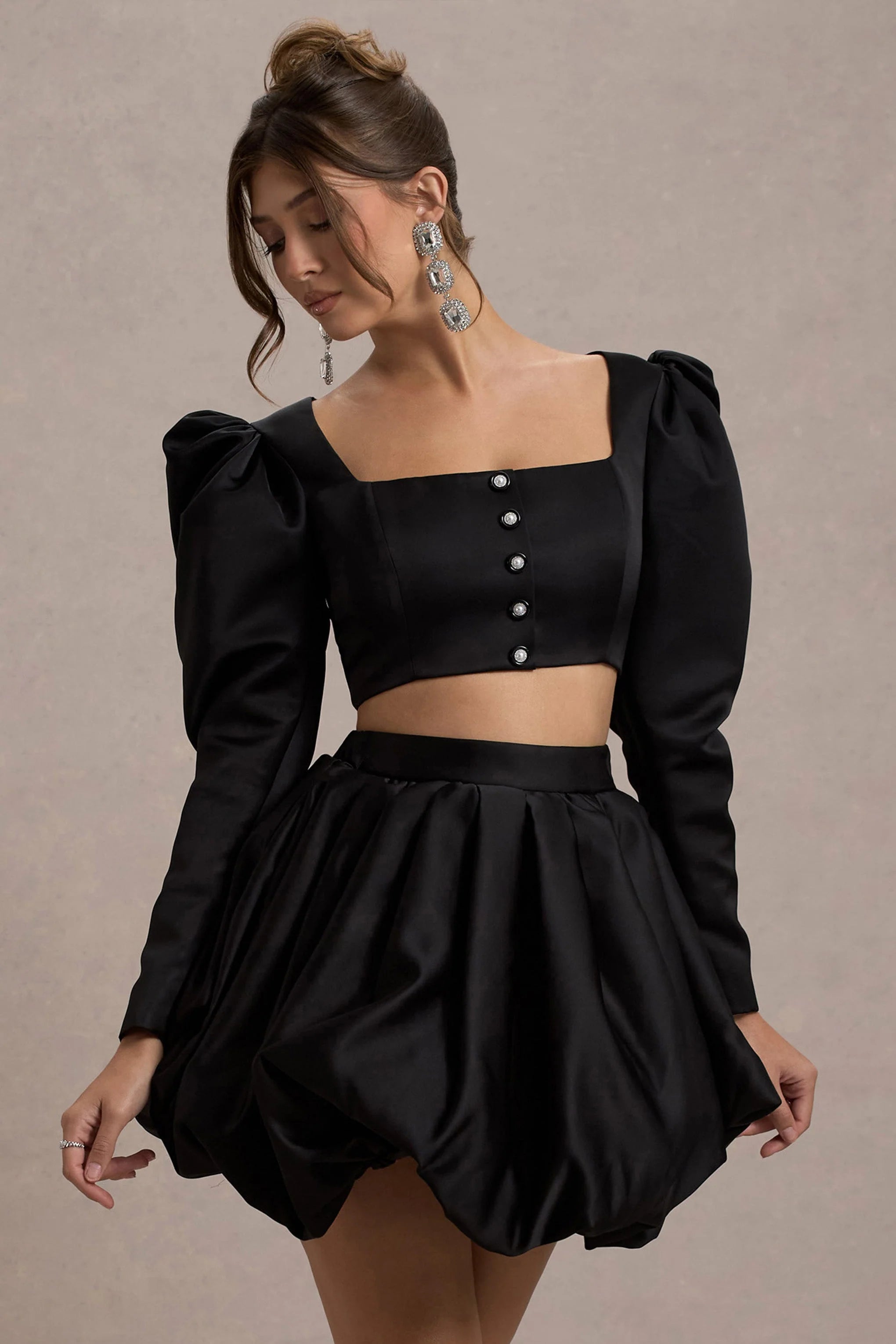 Eloisa Black Satin Puff Sleeve Cropped Jacket