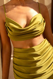 Una Khaki Ruched Cowl Neck Crop Top